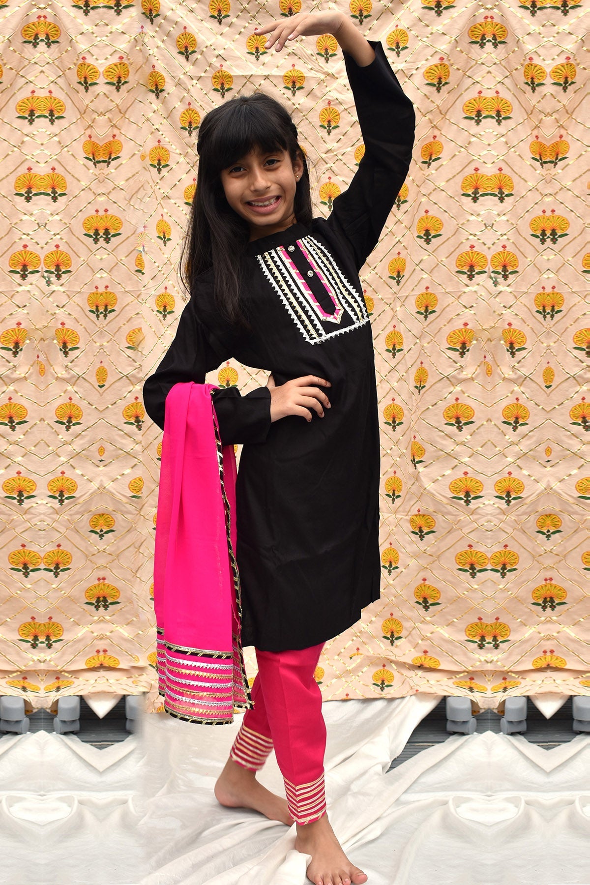 Buy Black & Pink Button Kurta Set for Kids by ViYa online available at scrollnshops