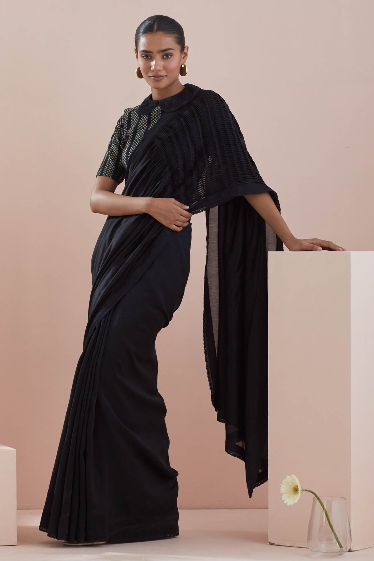 Vinusto Black Pintuck Saree & Blouse for women online at ScrollnShops
