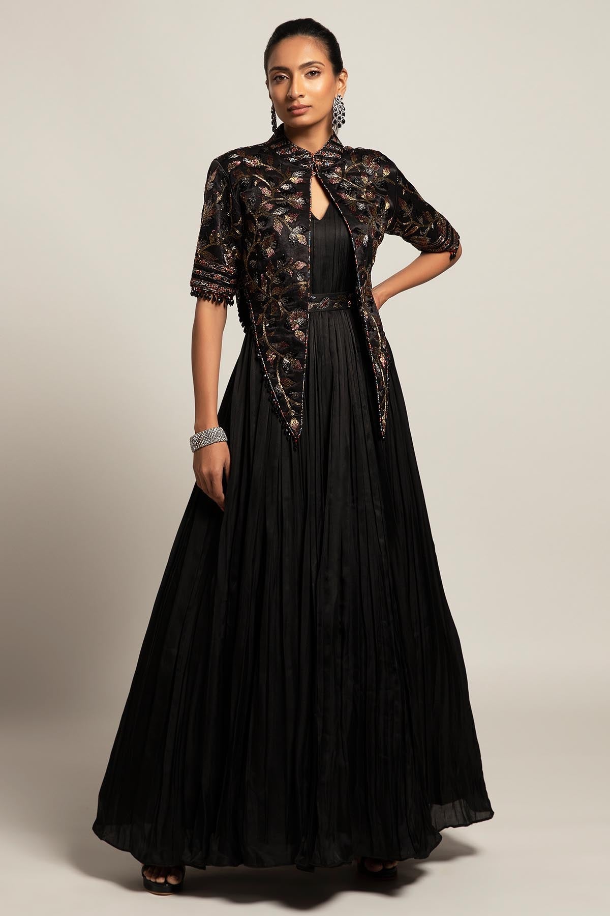 Buy Black Pleated Gown & Jacket by Sejal Kamdar for women online at ScrollnShops