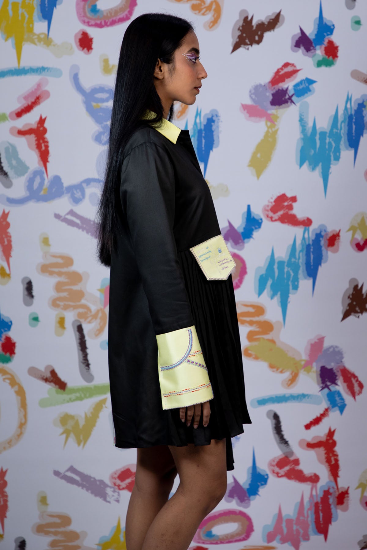 Black Pleated Mini Shirt Dress