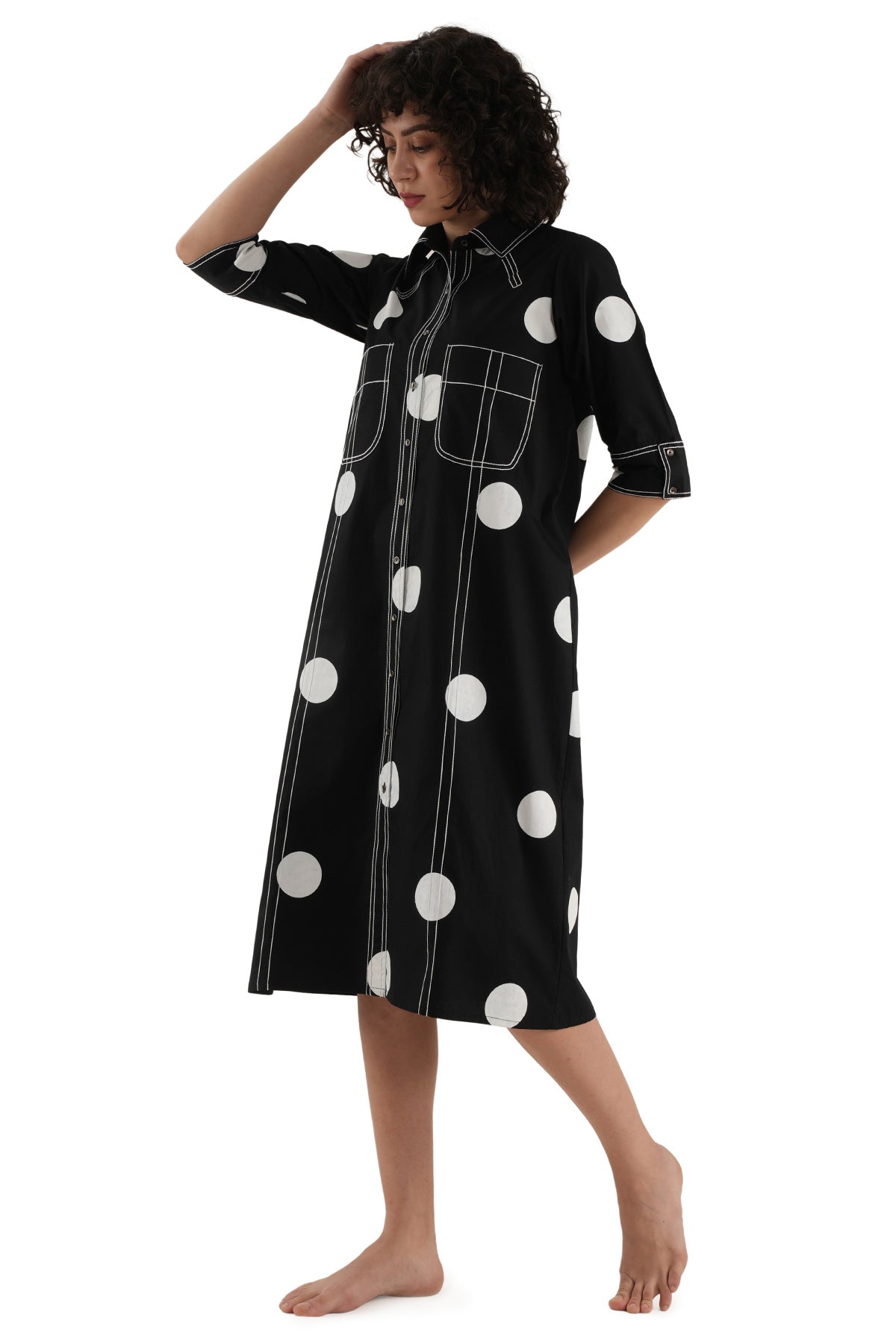 Black Polka Printed Midi Dress