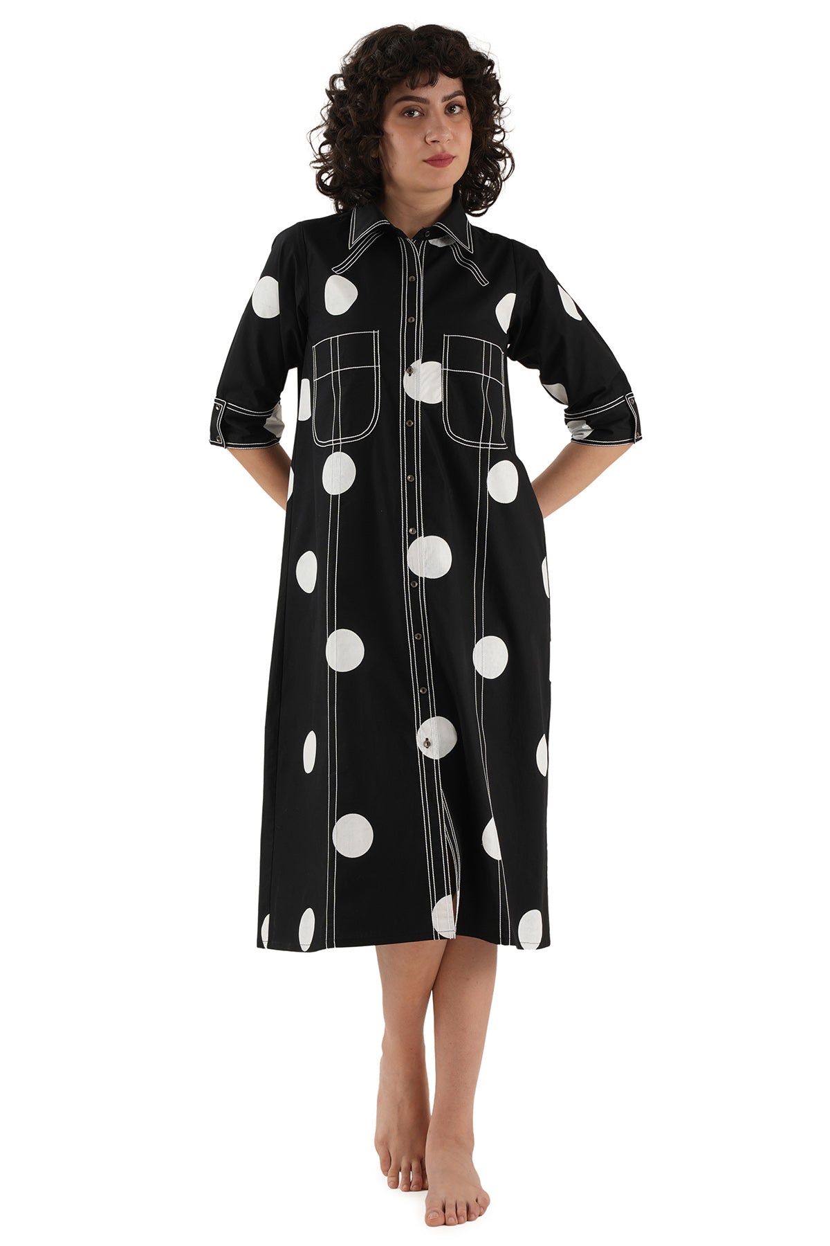 Black Polka Printed Midi Dress