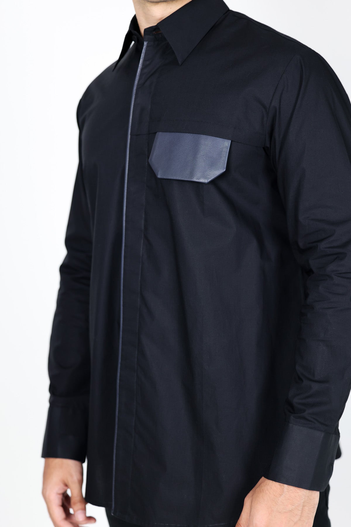 Black Poplin Flap Pocket Shirt