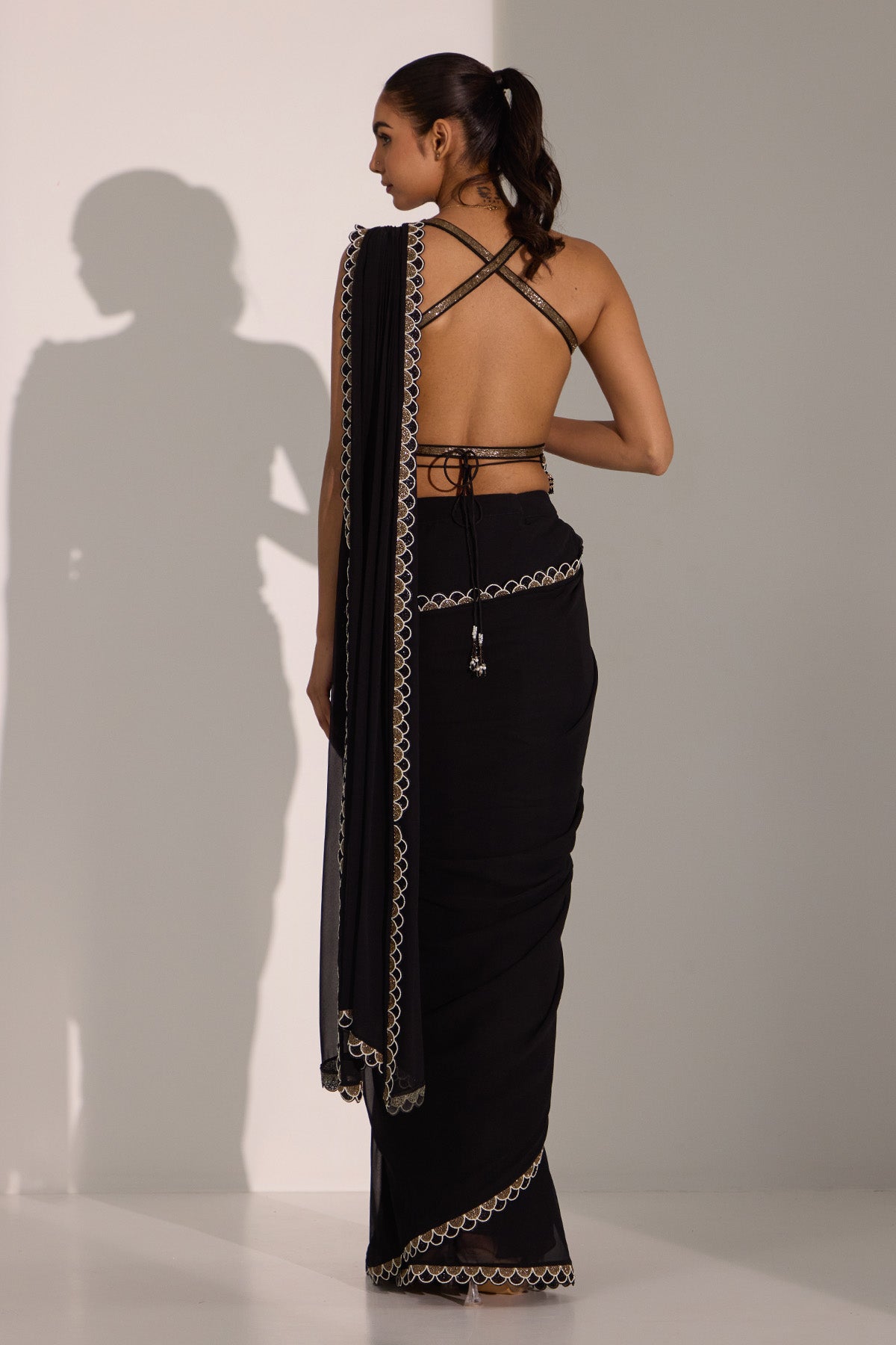 Black Pre-Draped Saree & Belt