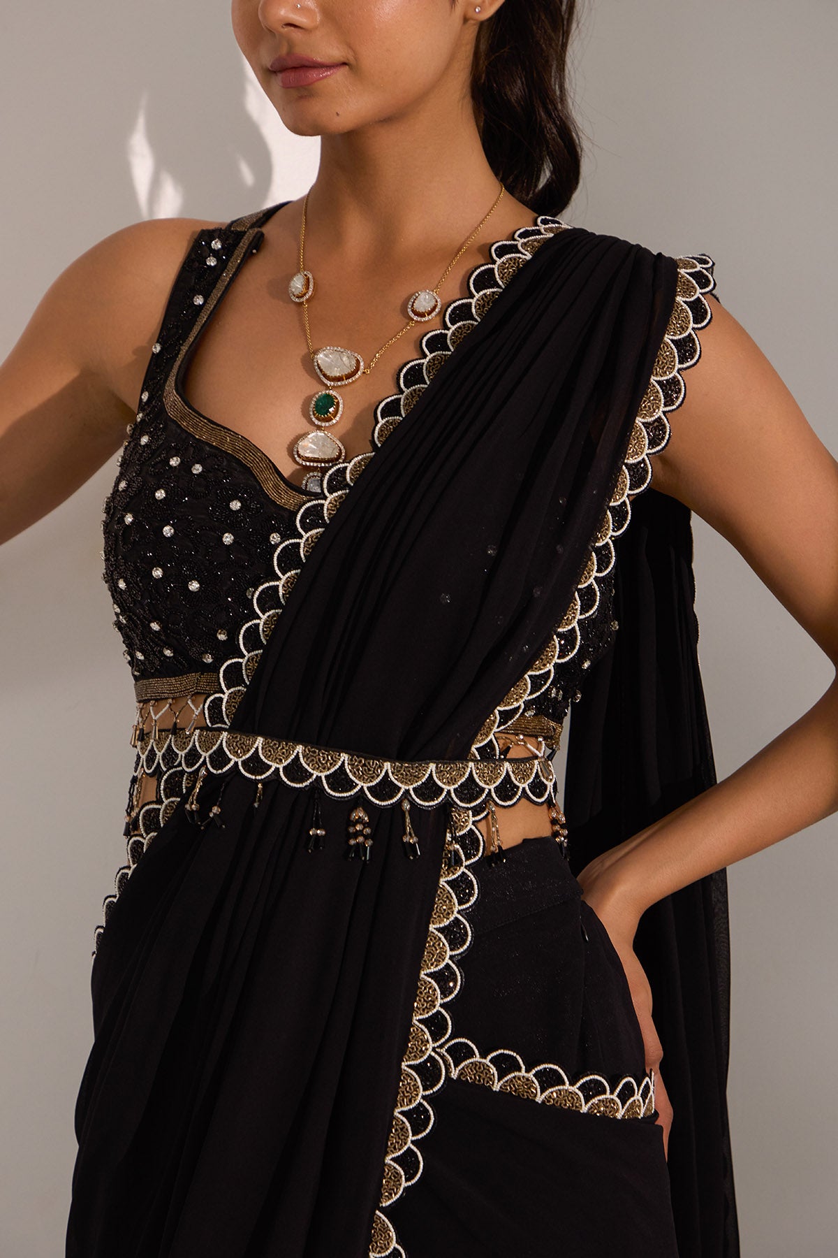Black Pre-Draped Saree & Belt