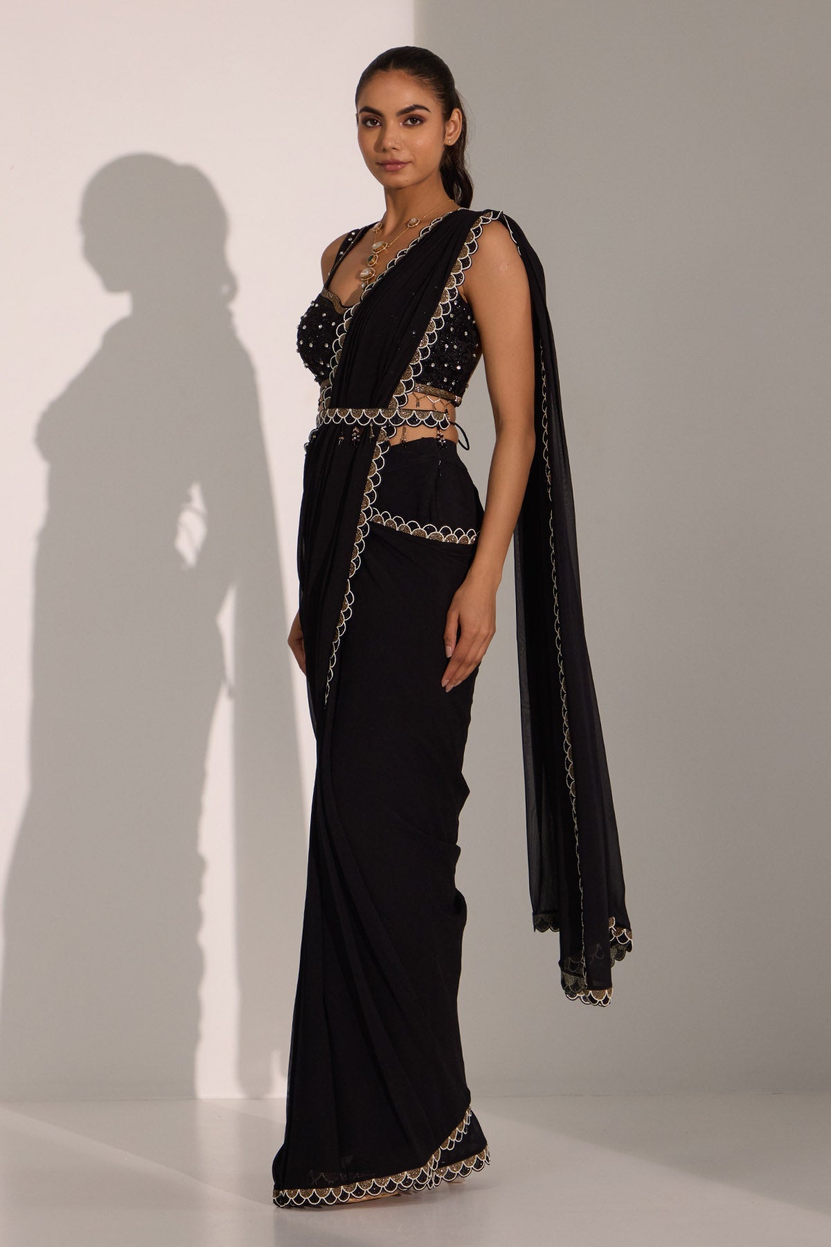 Buy Black Pre-Draped Saree & Belt by Nitisha Kashyap for women online at ScrollnShops