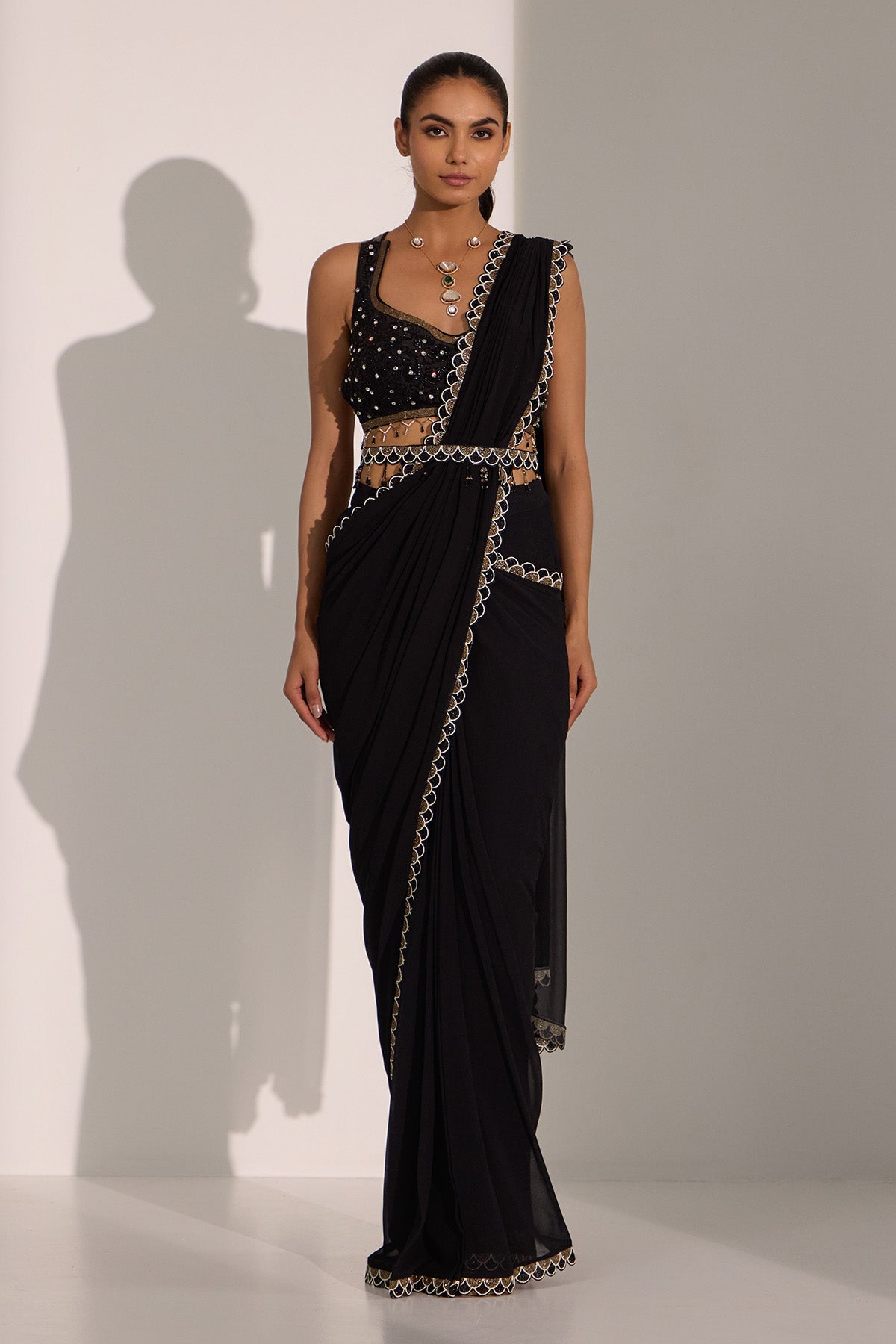 Black Pre-Draped Saree & Belt