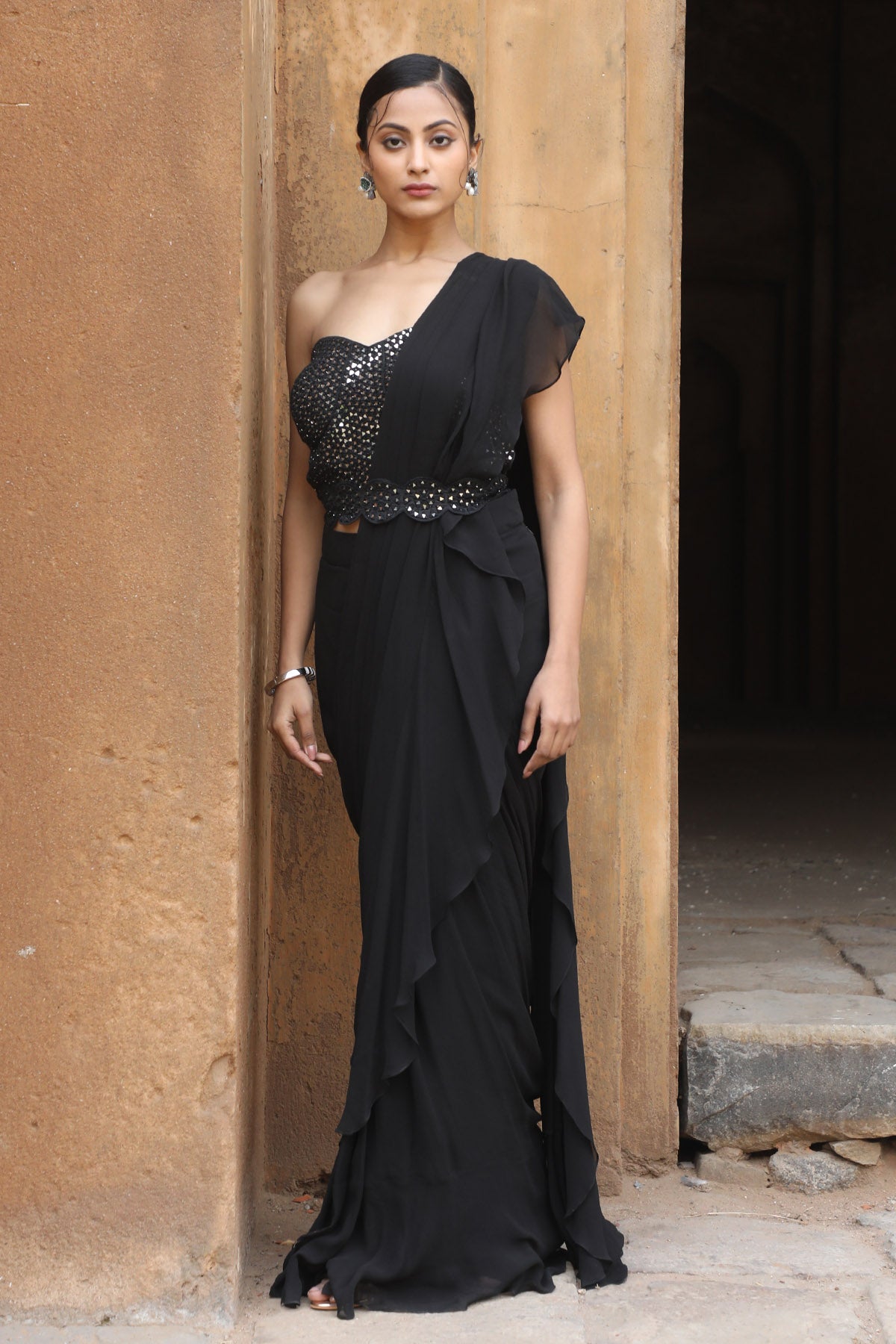 Black Pre-Draped Saree & Corset