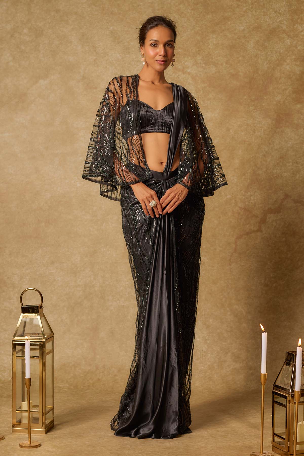 Black Pre Draped Saree & Jacket
