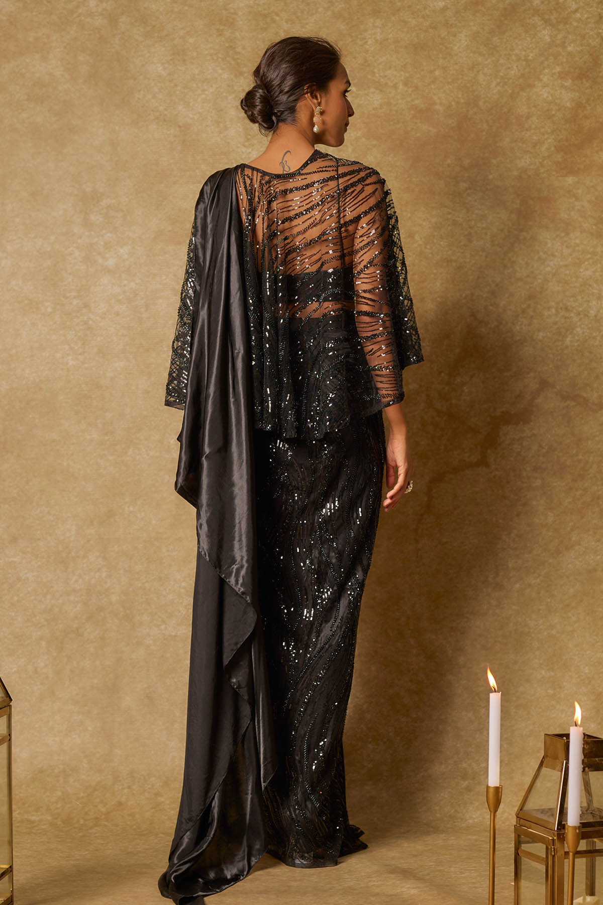 Black Pre Draped Saree & Jacket