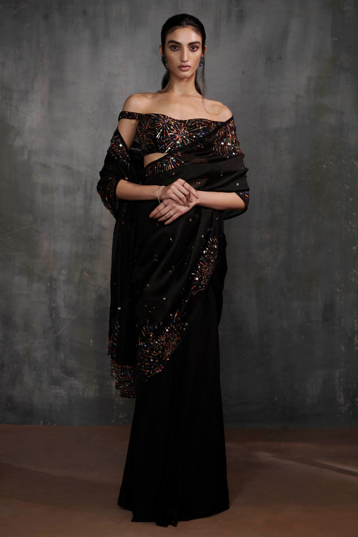 Anjali Kanwar Black Pre Stitched Saree & Blouse for women online at ScrollnShops