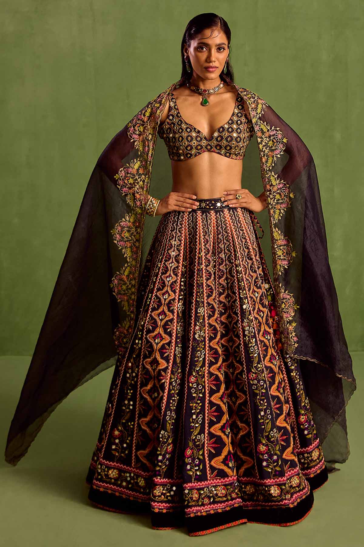 Black Print Mirror Lehenga Set