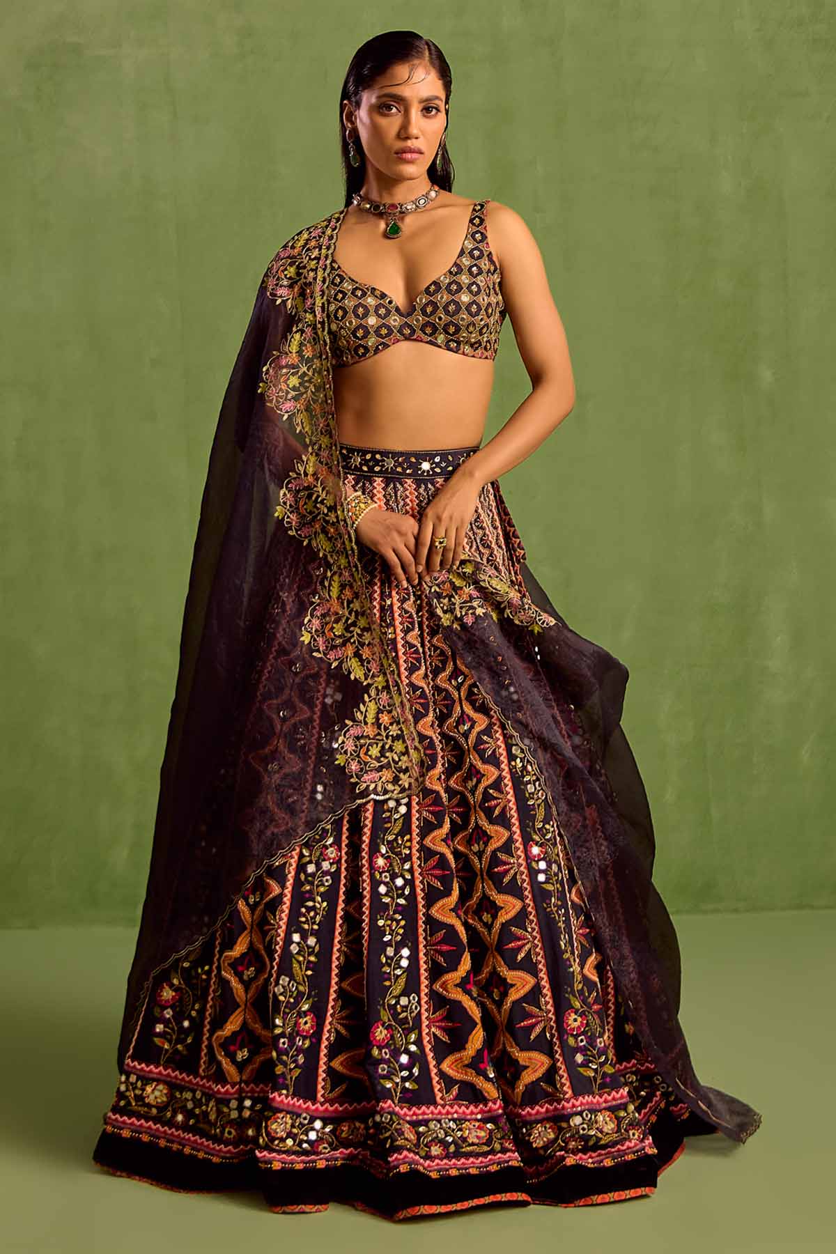 Neha Khullar Black Print Mirror Lehenga Set for women online at ScrollnShops