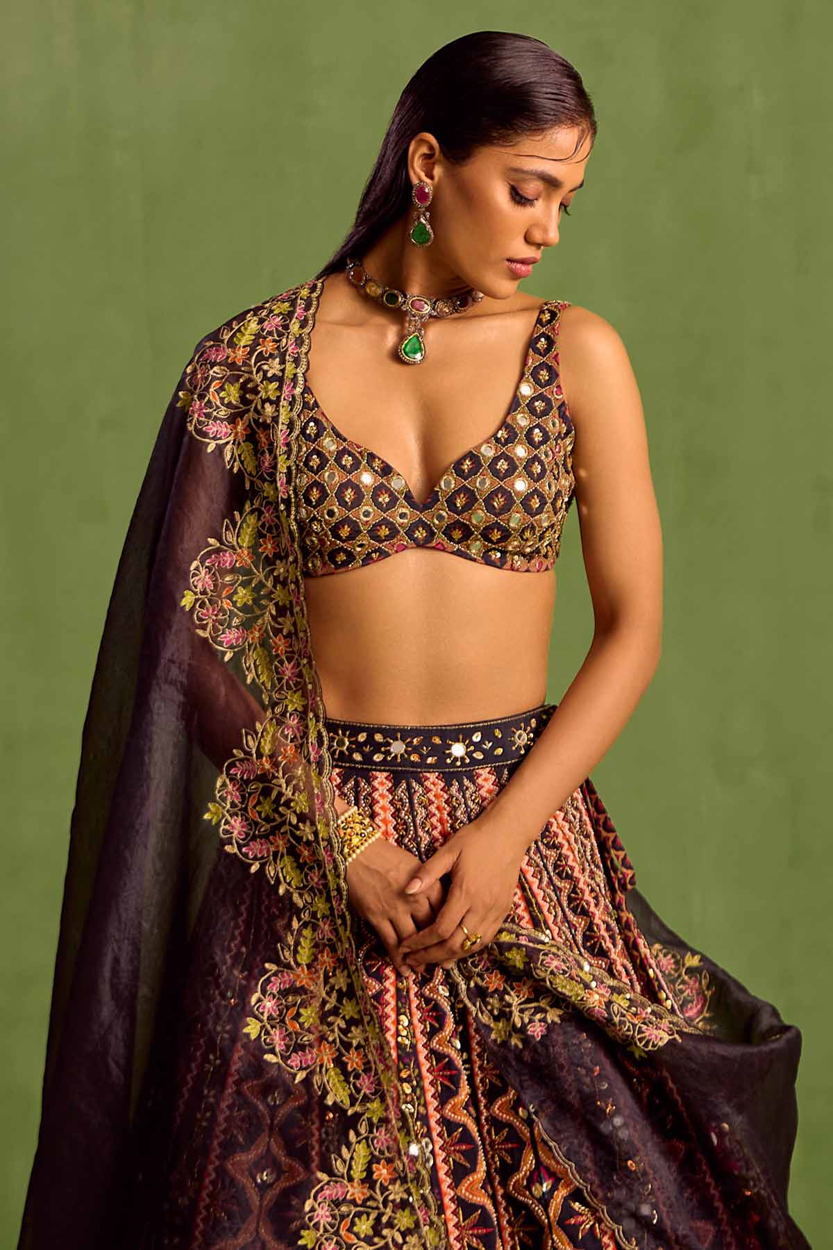 Black Print Mirror Lehenga Set
