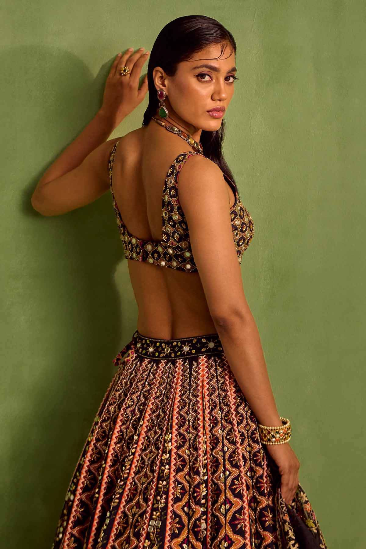 Black Print Mirror Lehenga Set