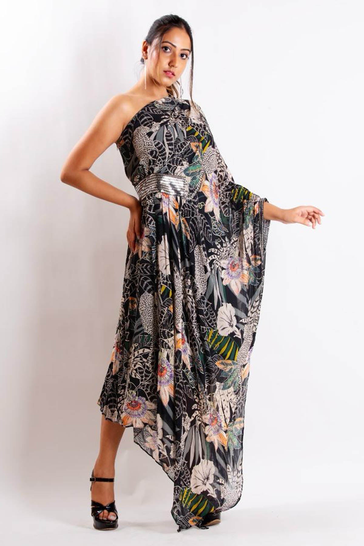 Niyami Black Print One Shoulder dress at ScrollnShops