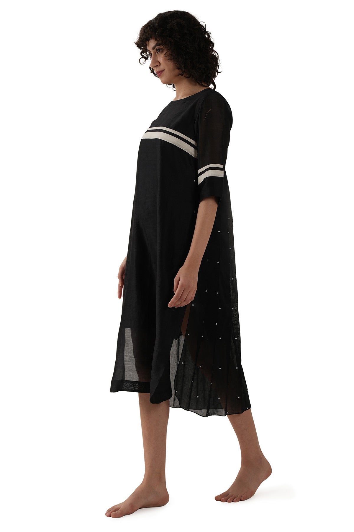 Black Print Pleated Midi Dress