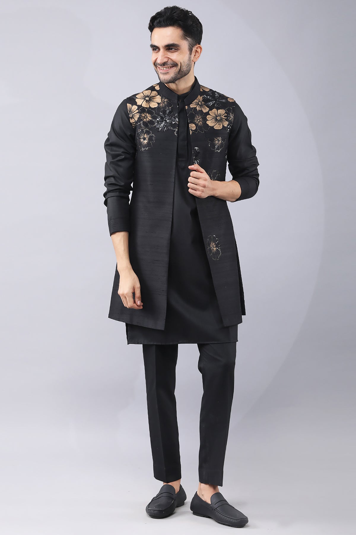Buy Black Print Ruby Silk Jacket Set by Manish Nagdeo for Men online at ScrollnShops