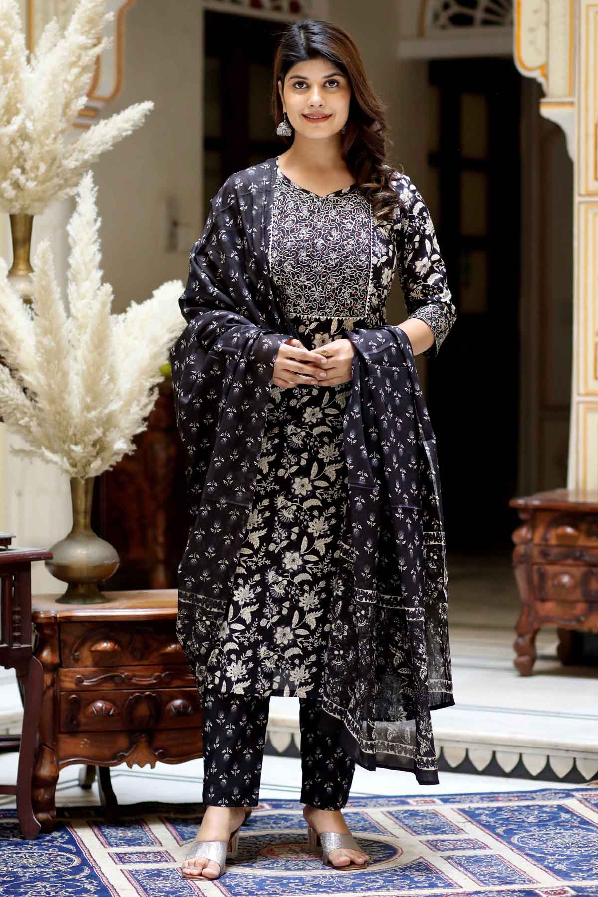 Buy Black Print Straight Kurta Set by Miravan for women online at ScrollnShops