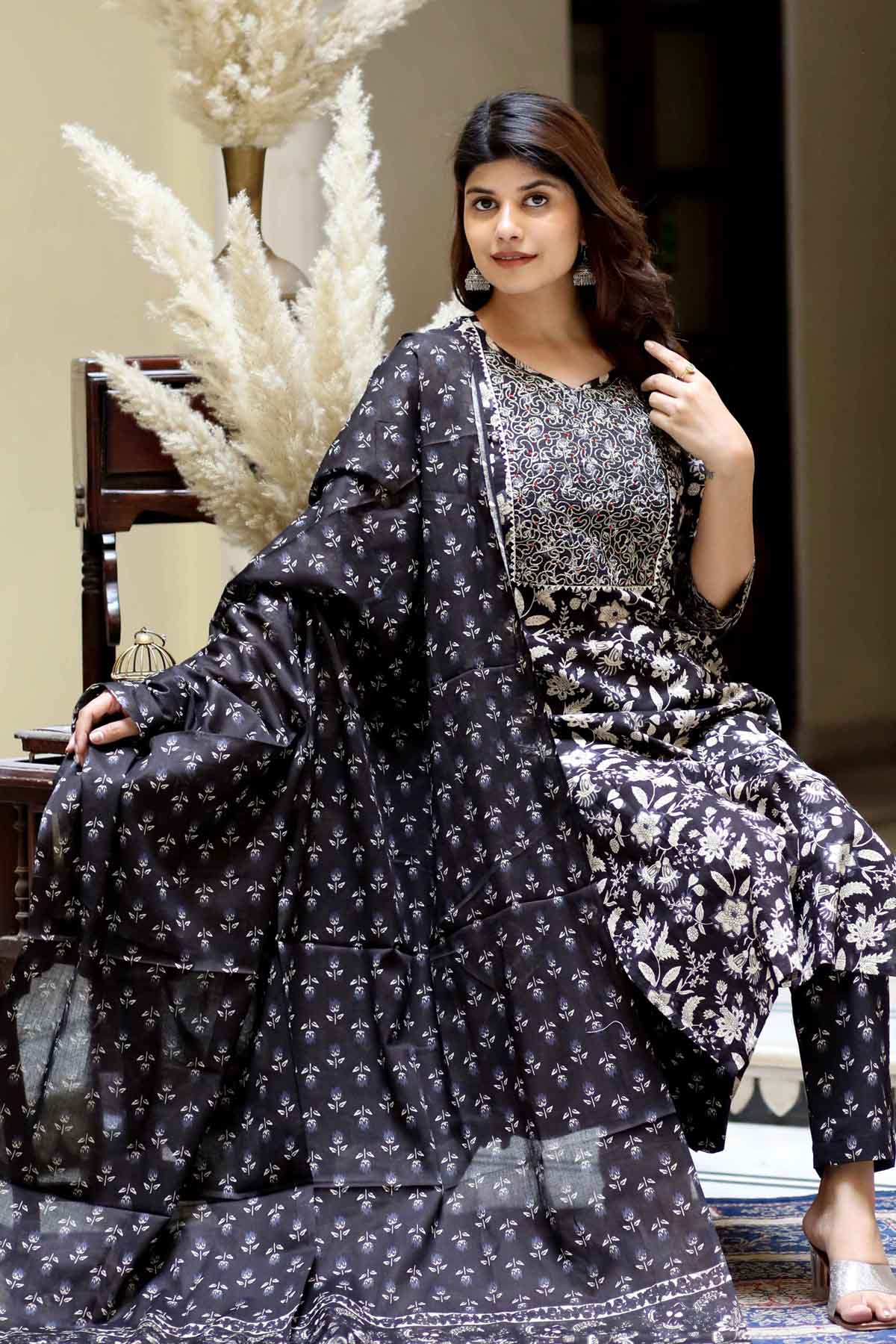 Black Print Straight Kurta Set