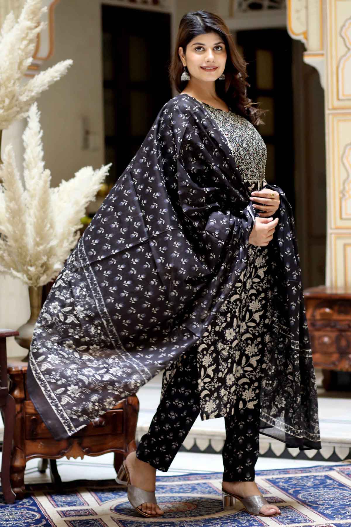 Black Print Straight Kurta Set