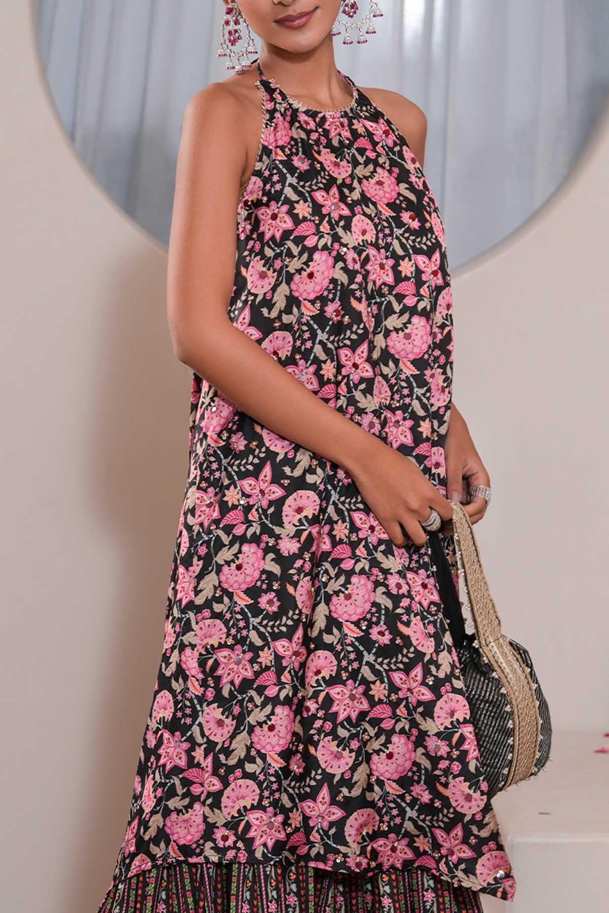 Black Printed Backless Kurta