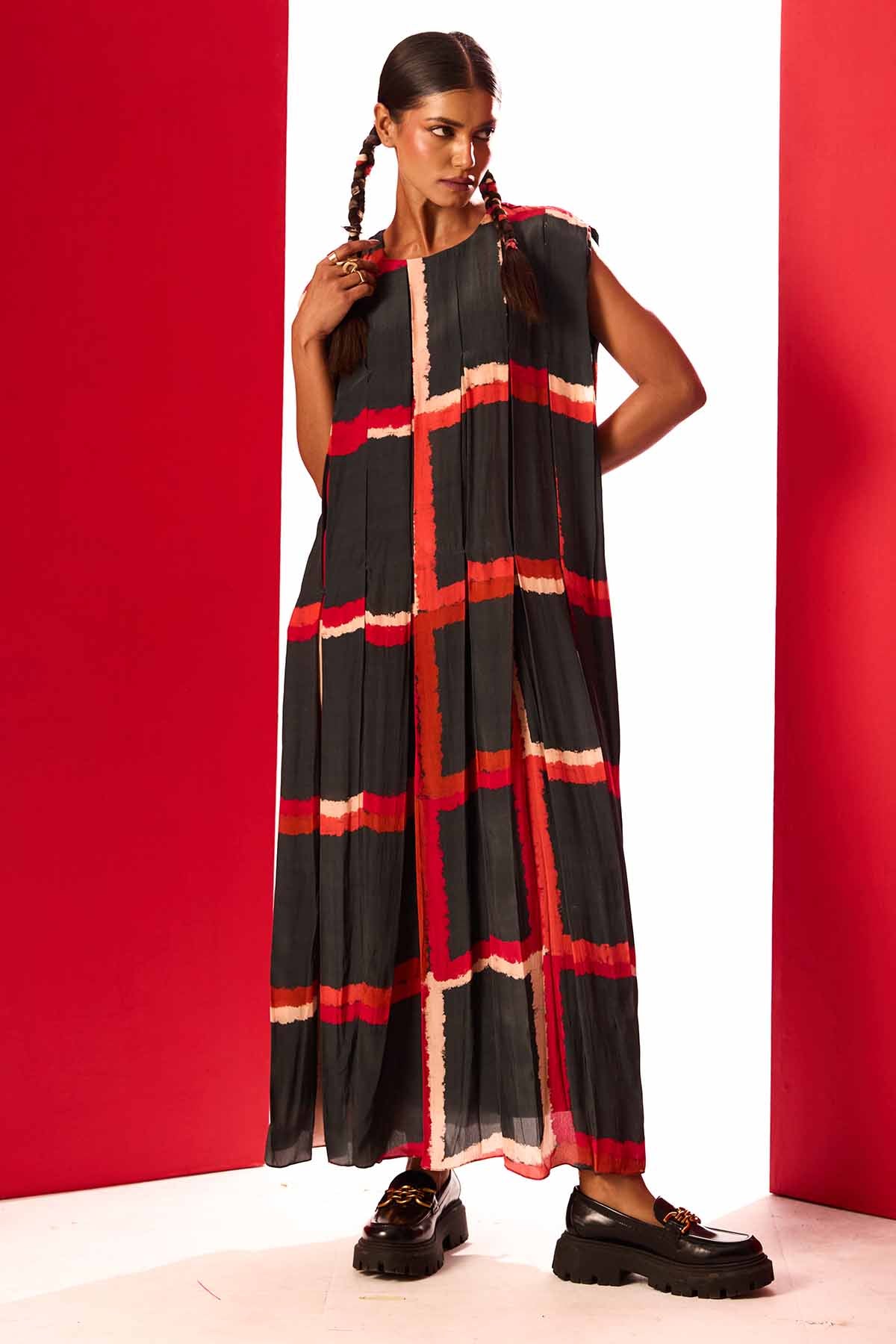 Buy Black Printed Box Pleated Dress by Shristi Chetani for women online at ScrollnShops