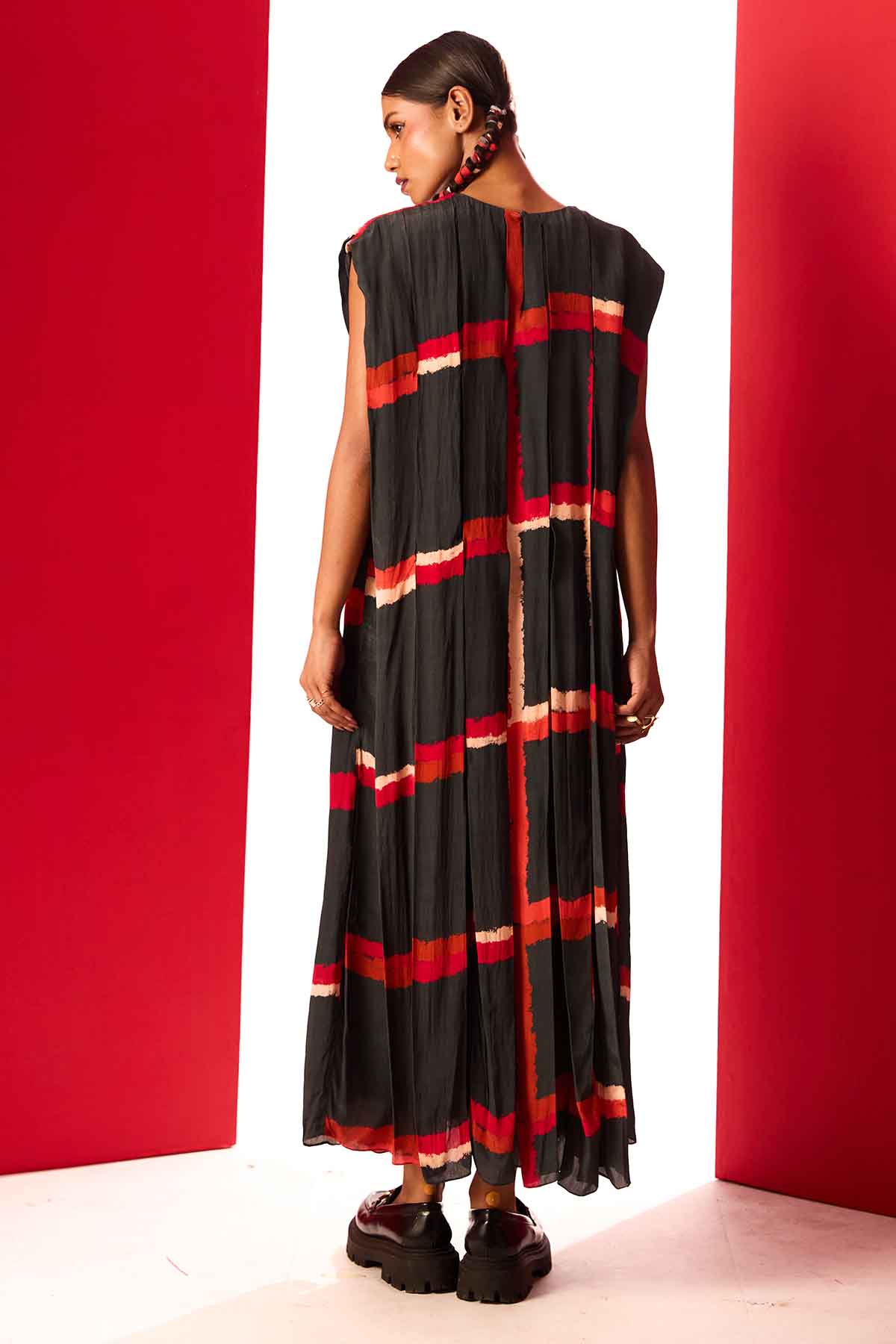 Black Printed Box Pleated Dress