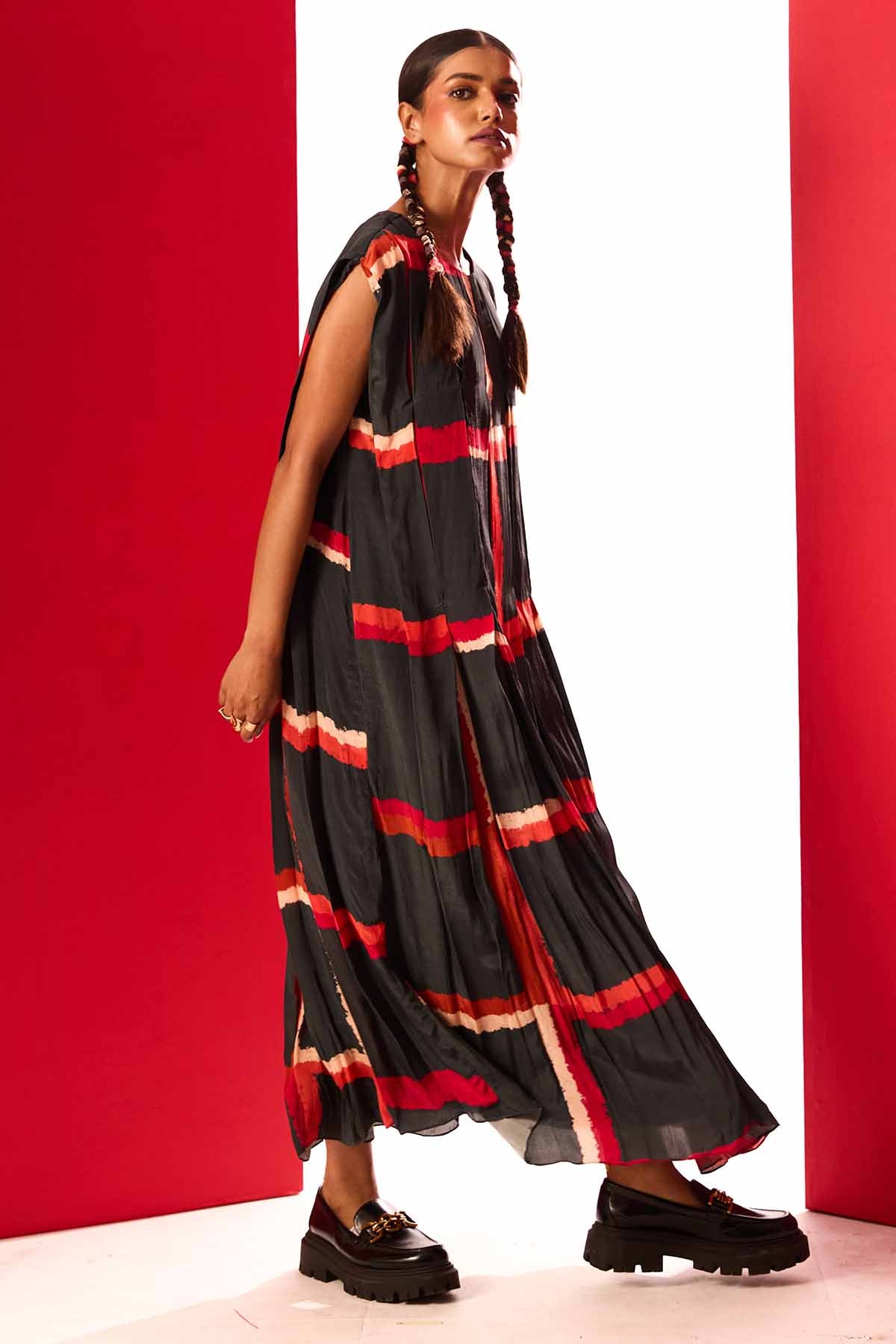 Black Printed Box Pleated Dress