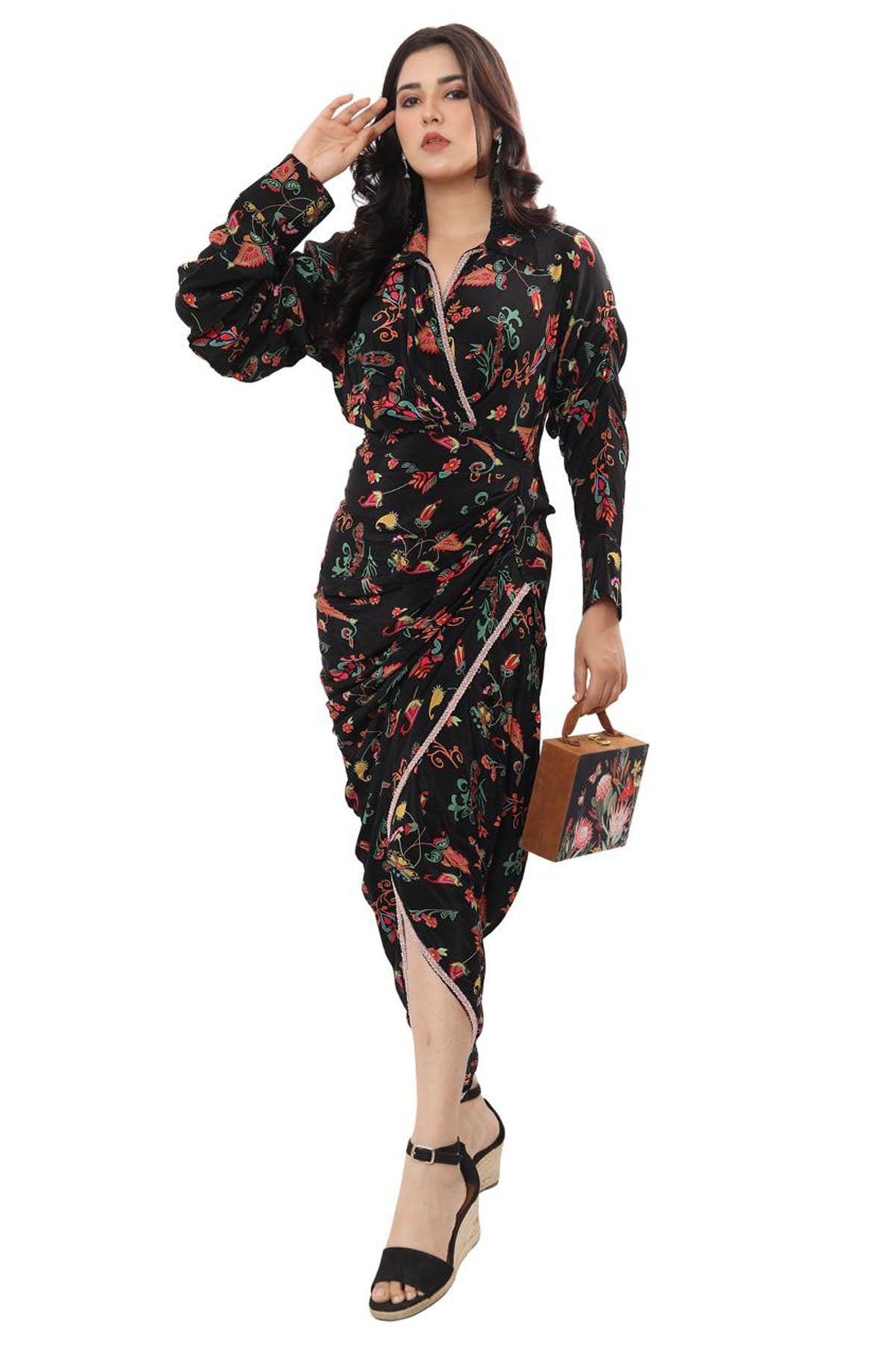 Niyami Black Printed Drape Dress at ScrollnShops