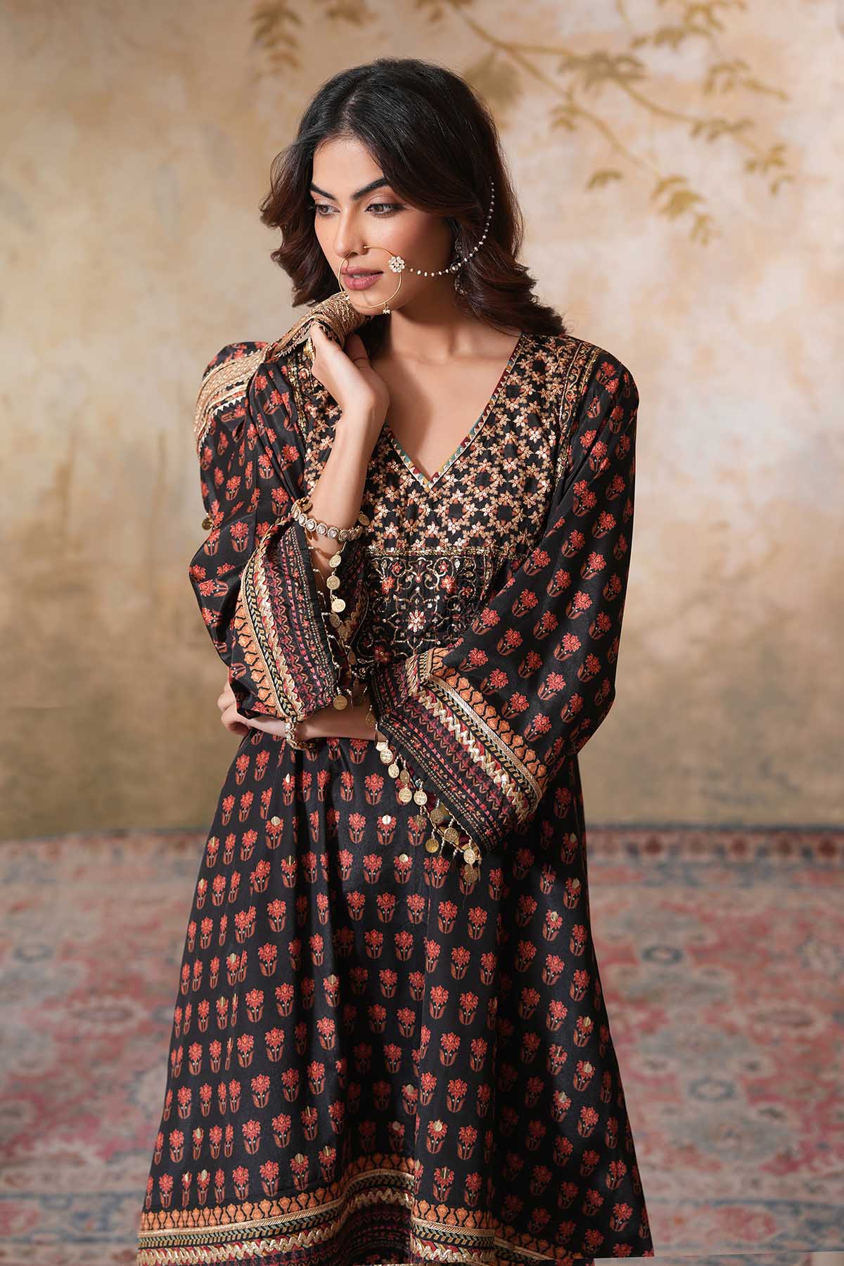 Buy Black Printed Embroidered Kurta by Ugna by Unnati for women online at ScrollnShops