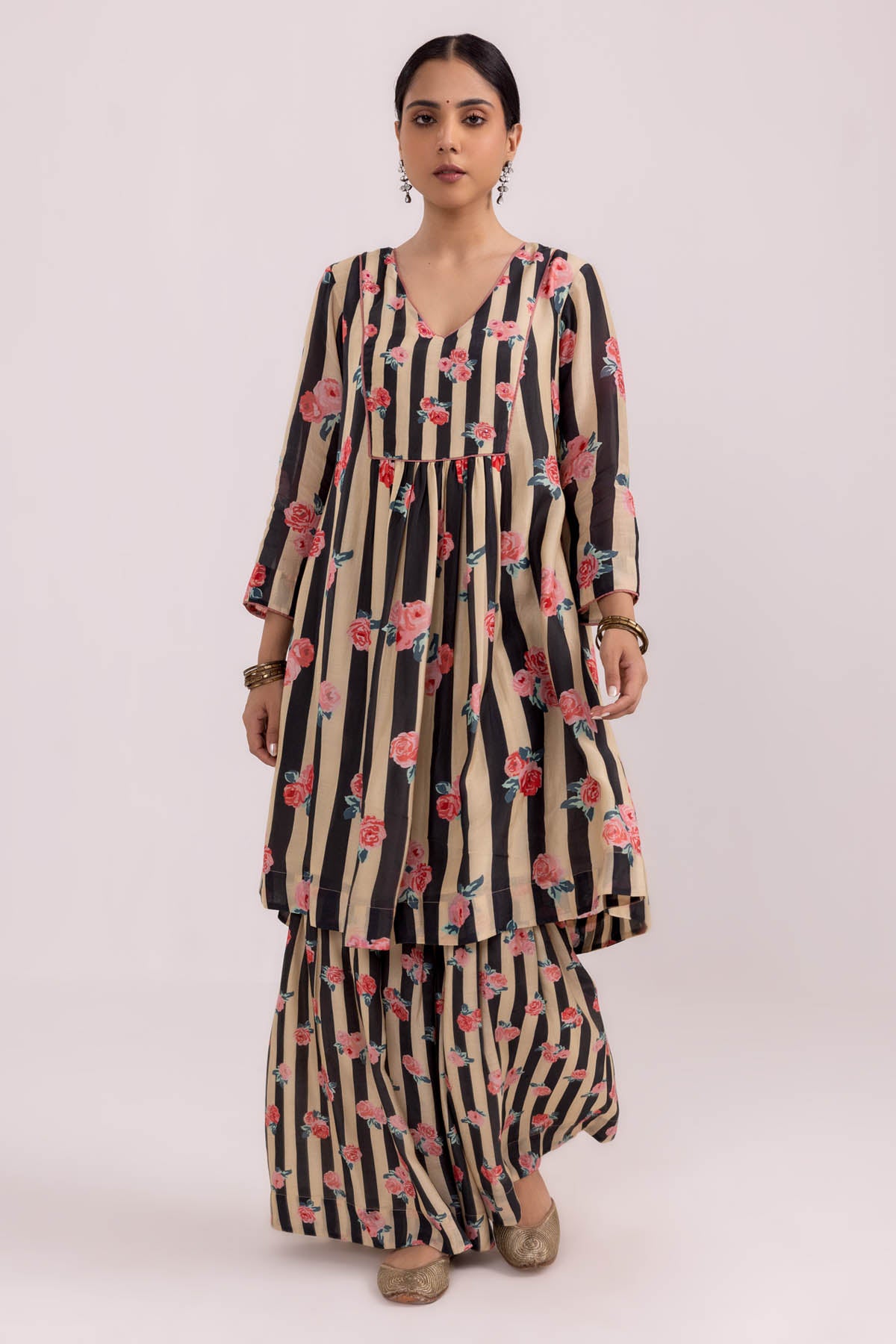 Black Printed Flowy Kurta Set