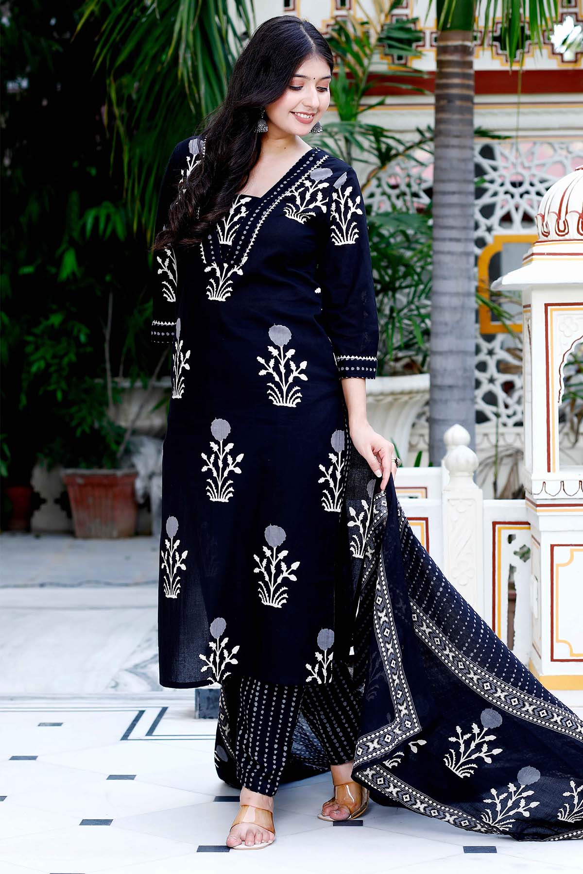Black Printed Gotta Kurta Set