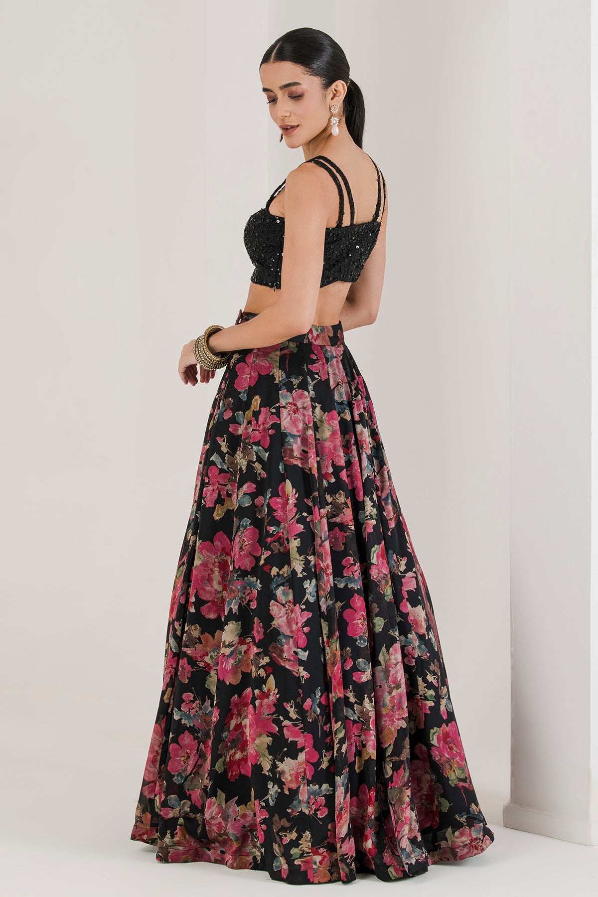 Black Printed Lehenga Set & Cape