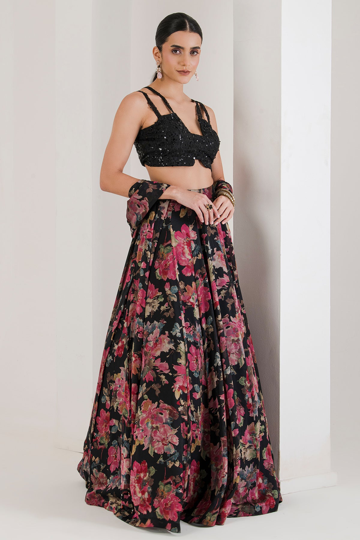 Black Printed Lehenga Set & Cape
