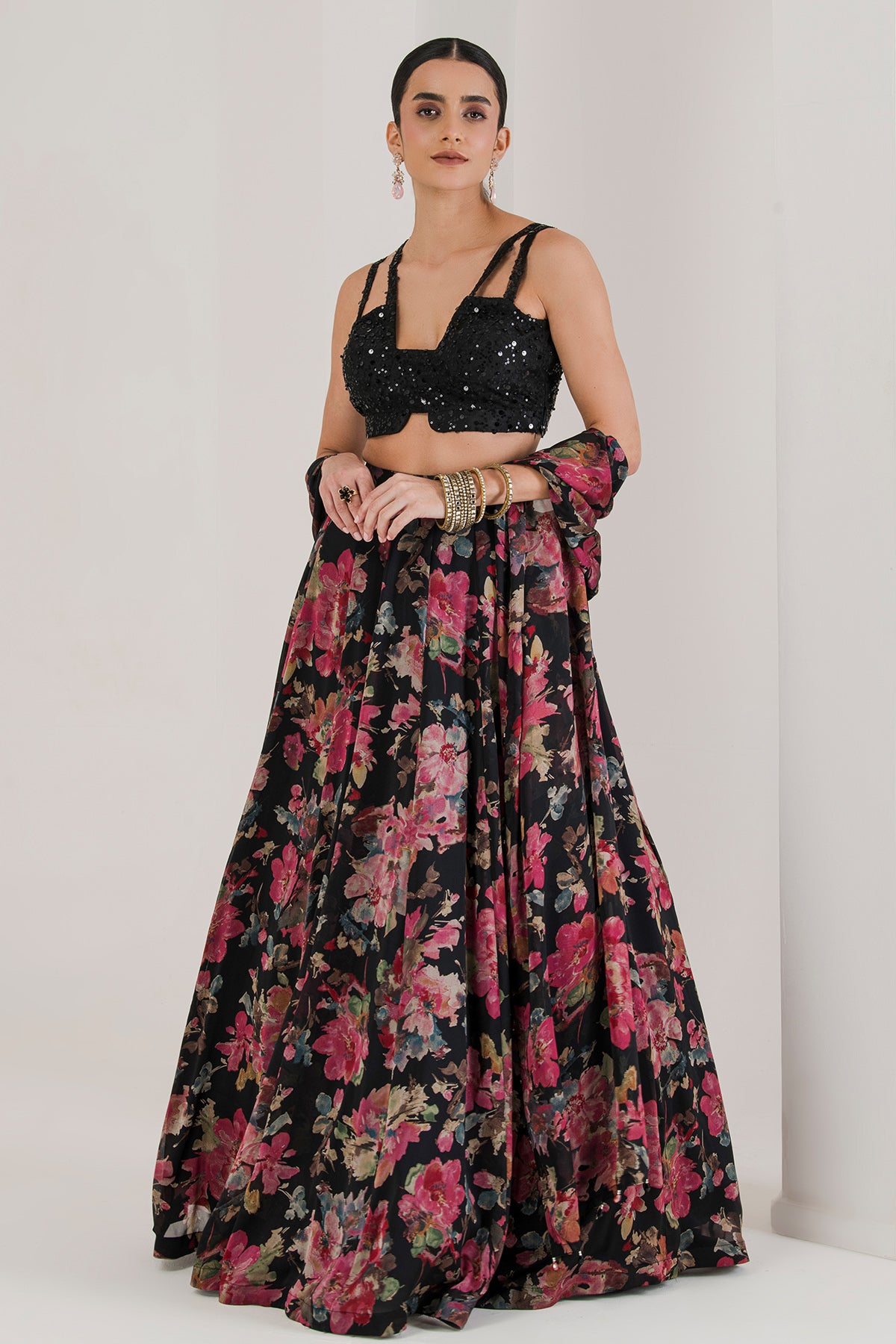 Black Printed Lehenga Set & Cape