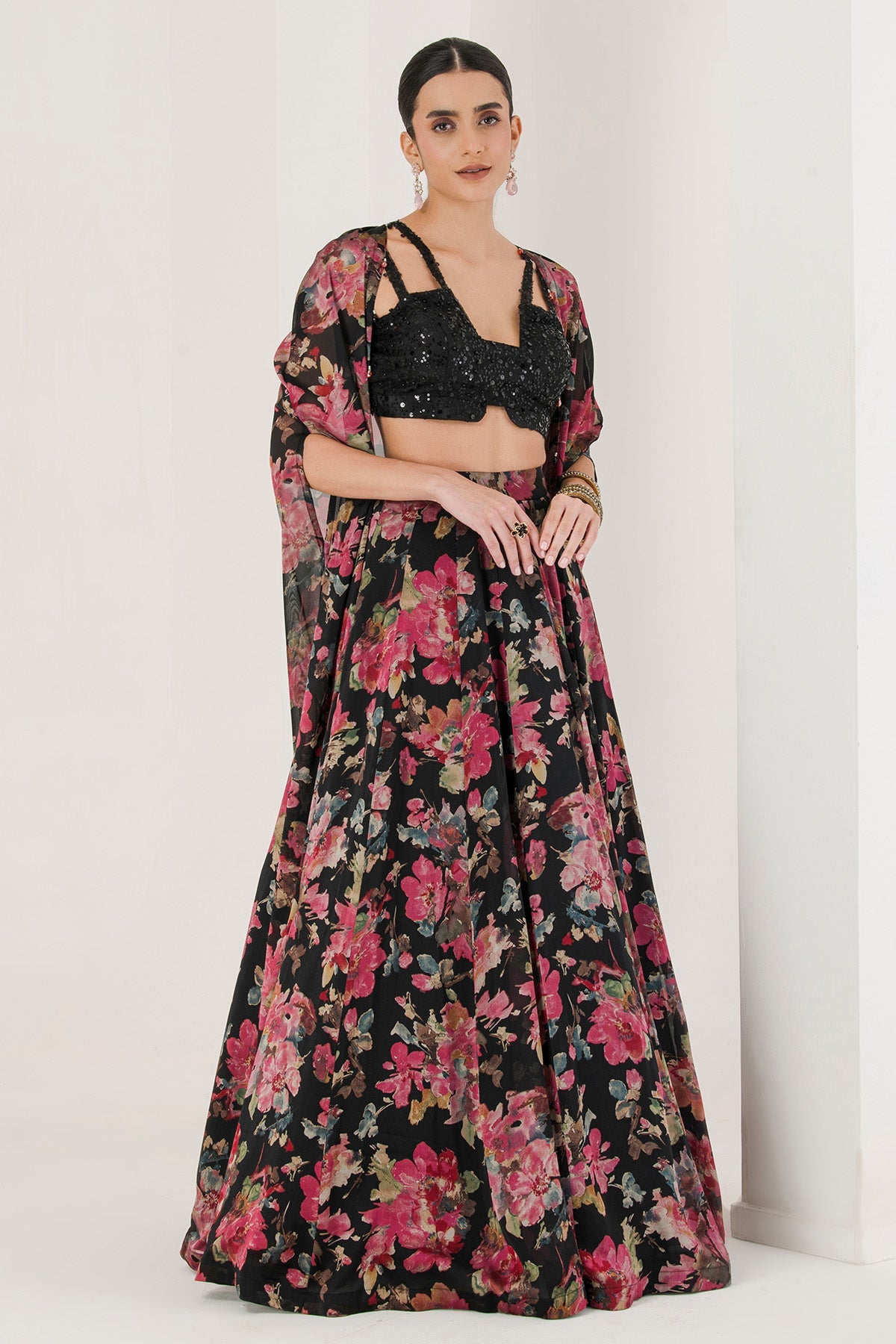 Buy Black Printed Lehenga Set & Cape by The Maive for women online at ScrollnShops