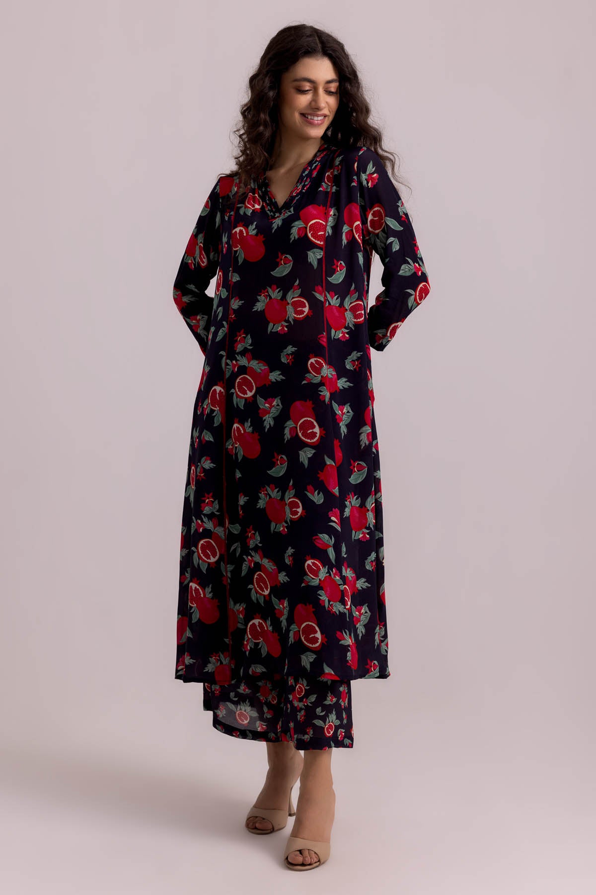 Black Printed Pintuck Kurta Set