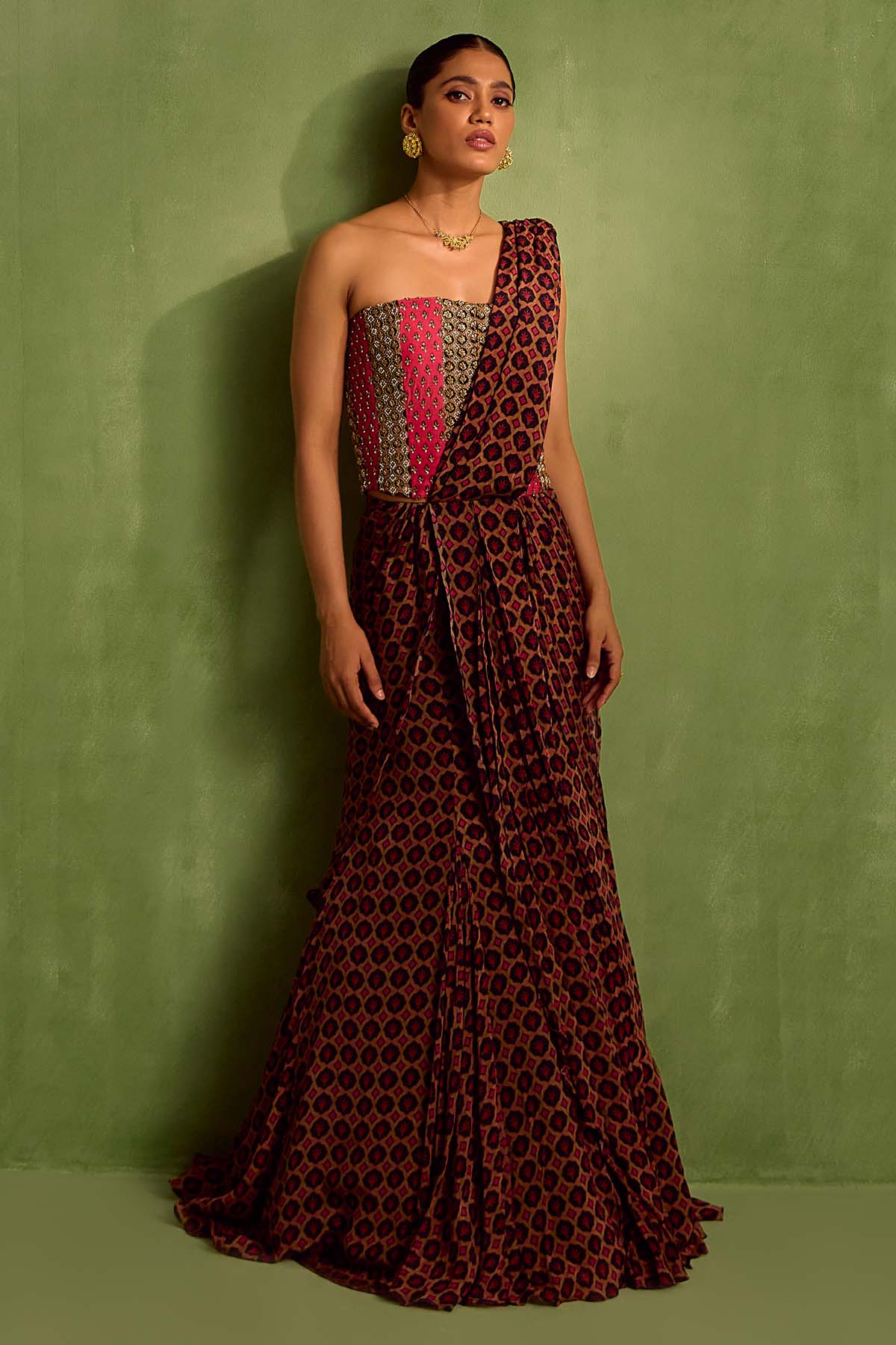 Black Printed Pre-Draped Saree