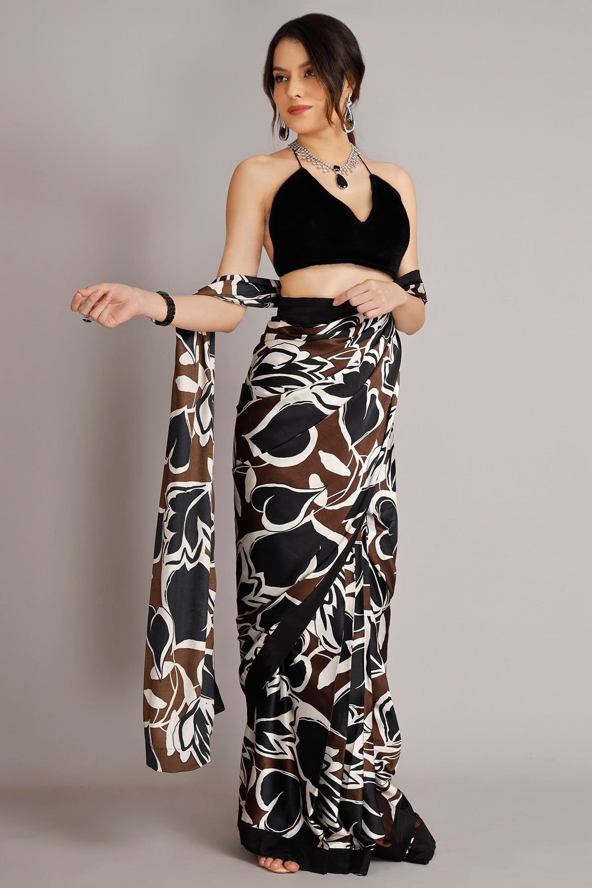 Black Pre-Draped Printed Saree