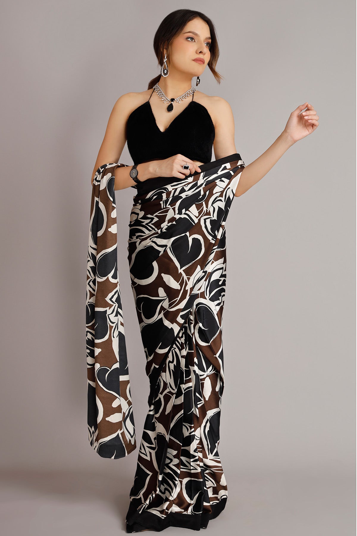 Black Pre-Draped Printed Saree