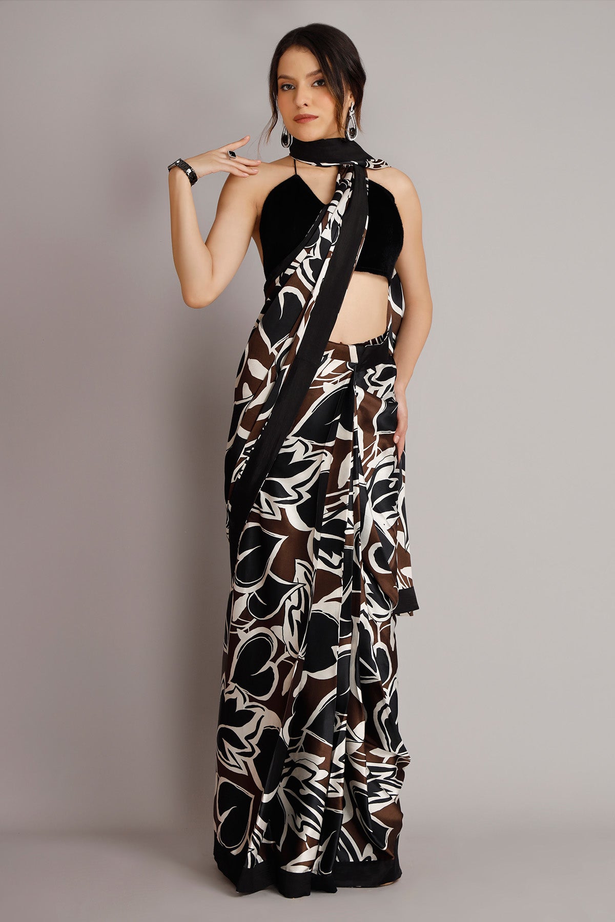 Buy Black Pre-Draped Printed Saree by Harshita Dhanawat for women online at ScrollnShops
