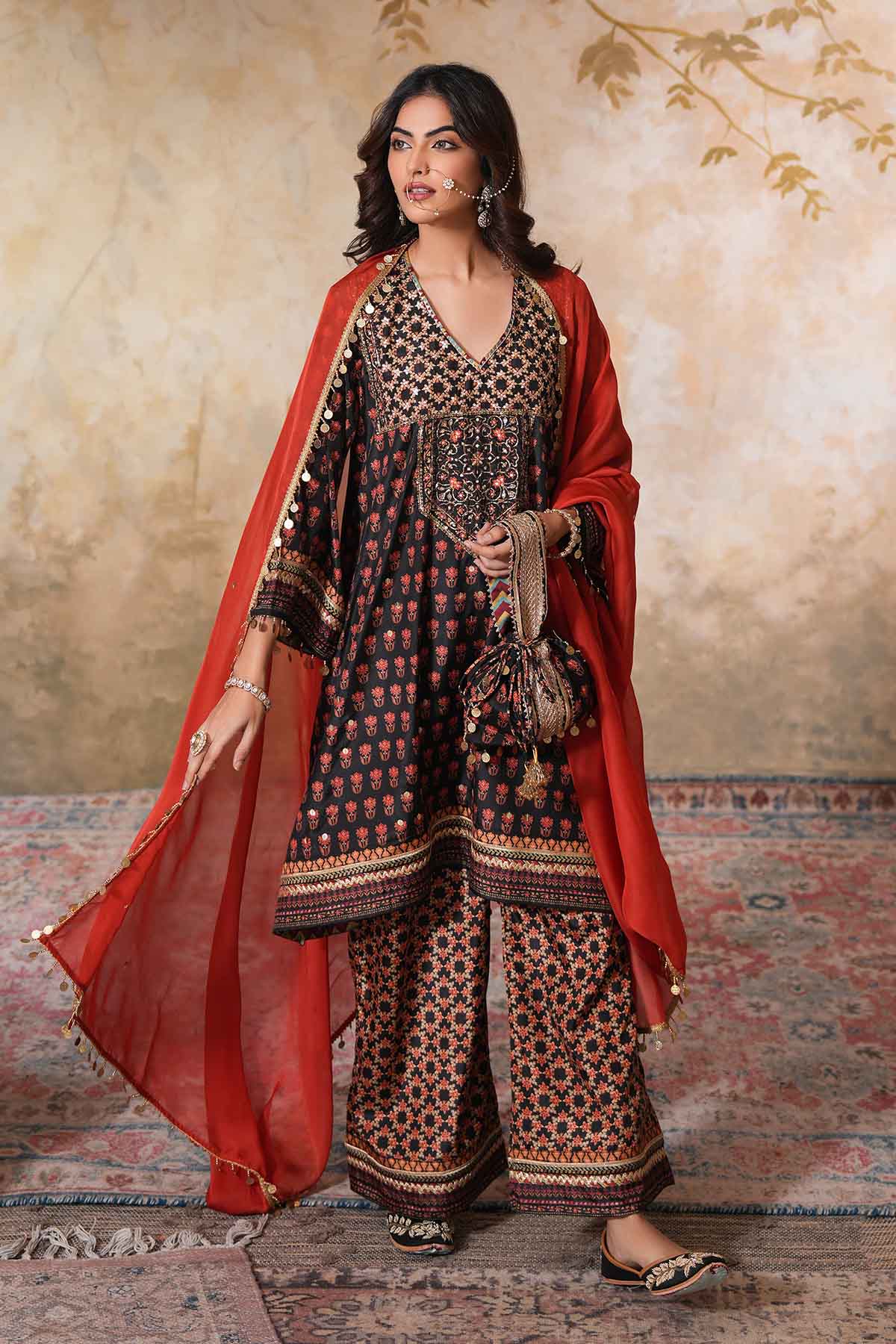 Black Printed Short Kurta Set