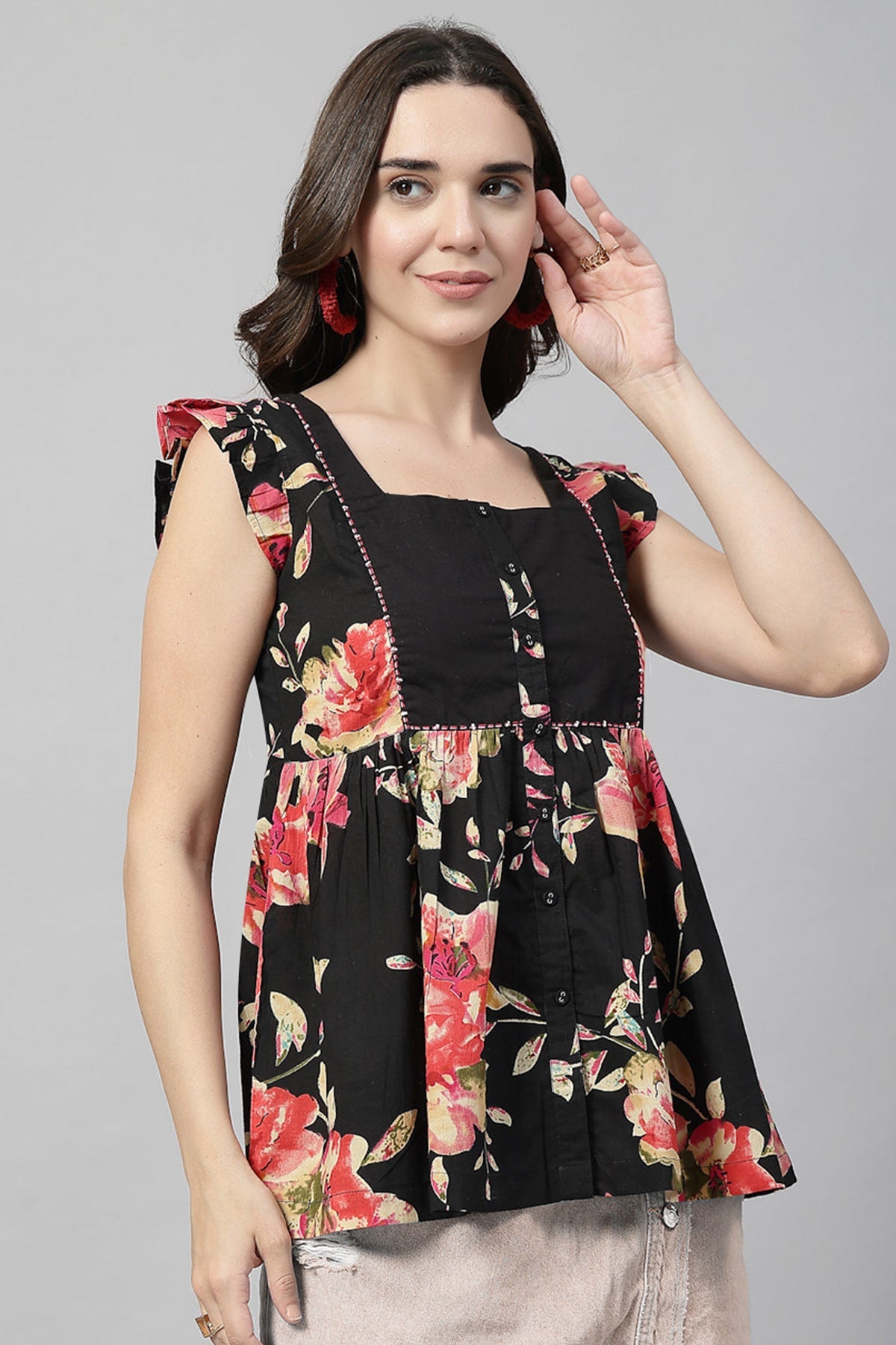 Buy Black Printed Square Neck Top for Women by Qomn Designer online available at scrollnshops