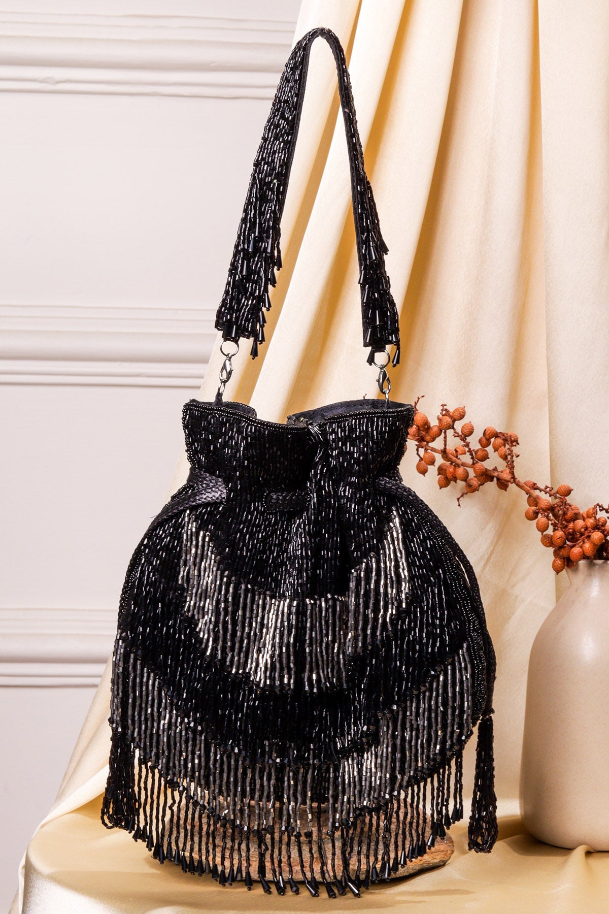 Buy Black Raw Silk Bead Work Potli for women by the Purple sack online available at scrollnshops