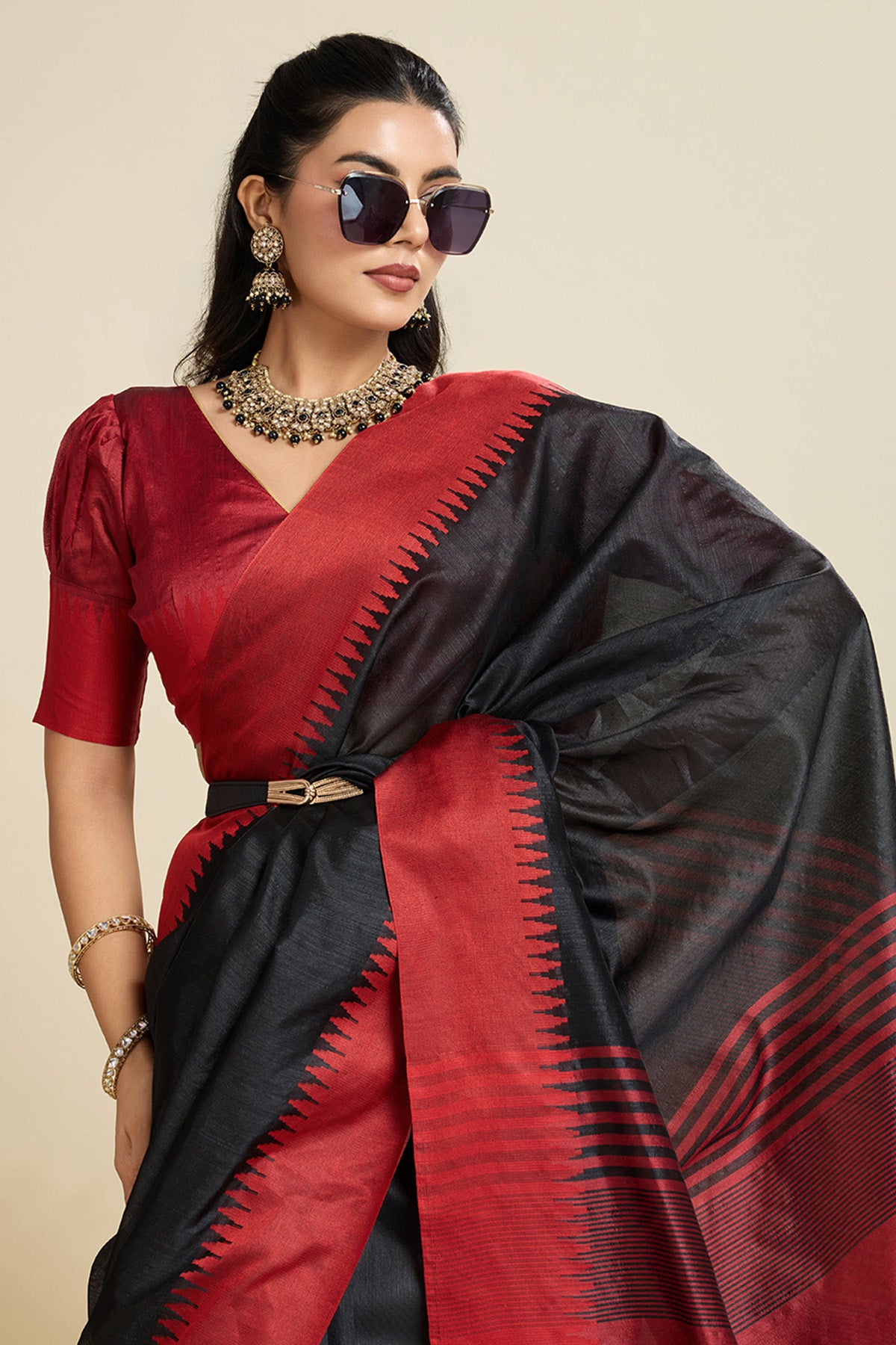 Black Raw Silk Thread Work Saree