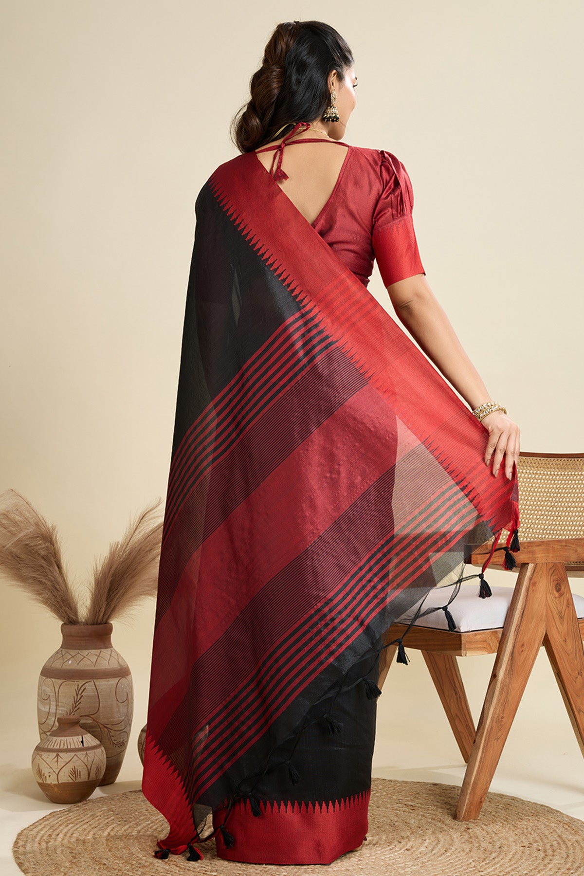 Black Raw Silk Thread Work Saree