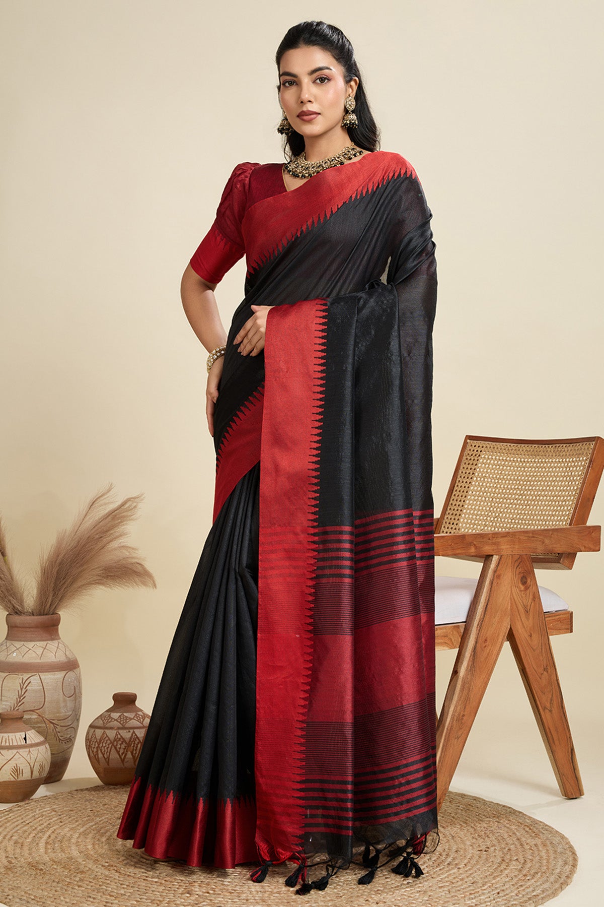 Black Raw Silk Thread Work Saree