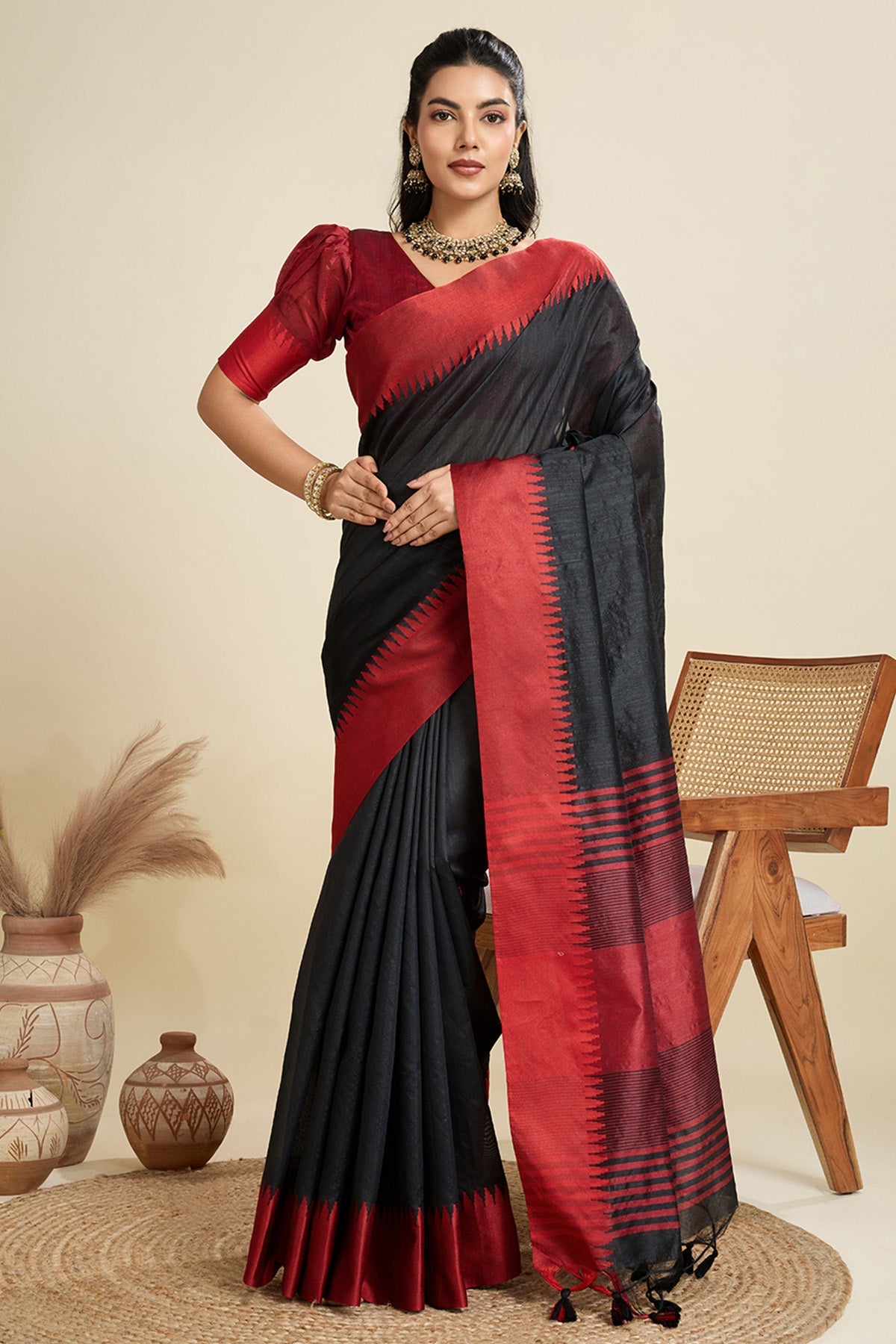 Buy Black Raw Silk Thread Work Saree for Women Online available at ScrollnShops
