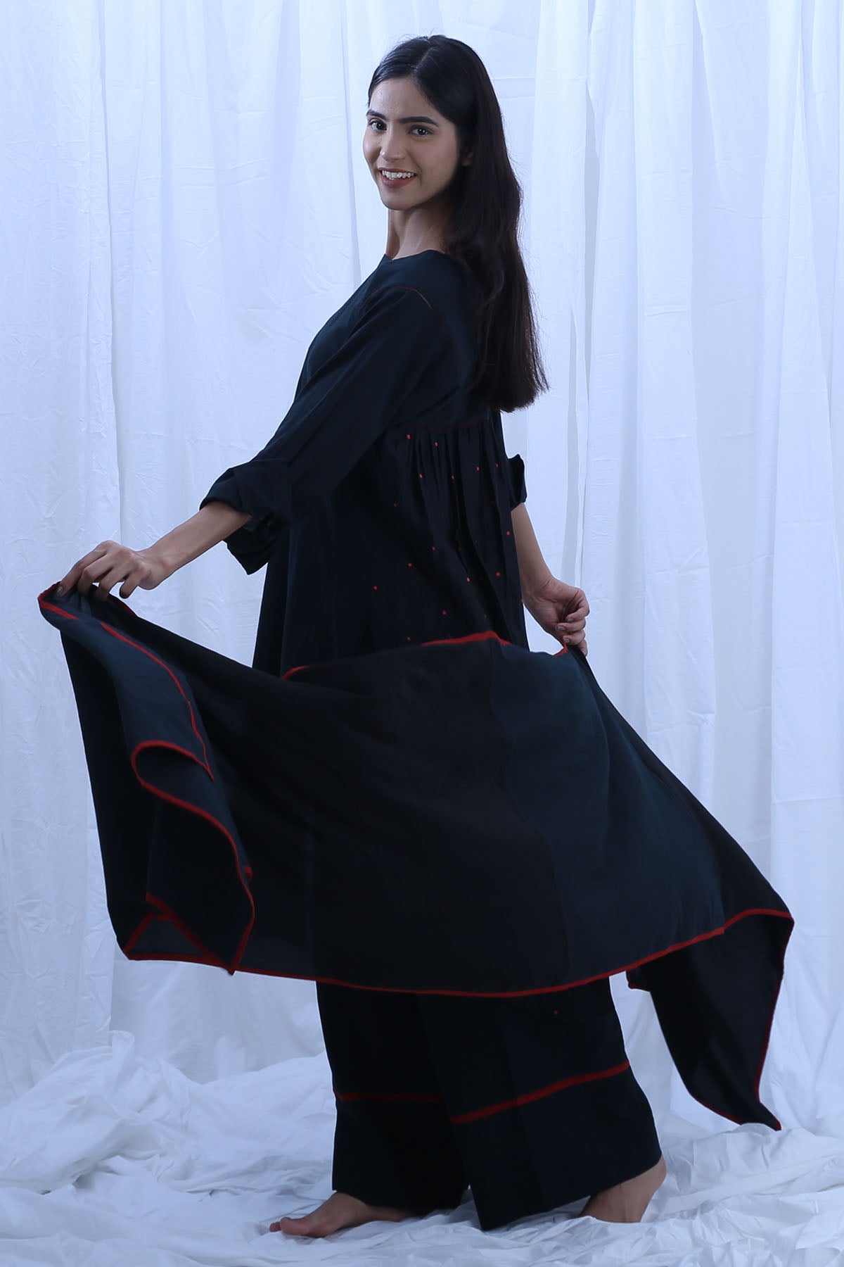 Black Red Dot Print Kurta Set